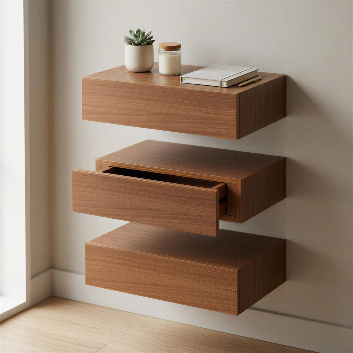 Wooden Floating Shelf with Drawer - 40cm - Walnut