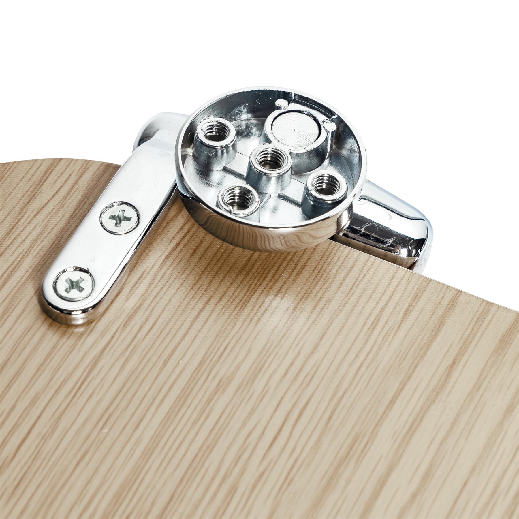 Close-up of chrome-plated soft-close hinges on a light oak soft-close tongue and groove MDF wood toilet seat
