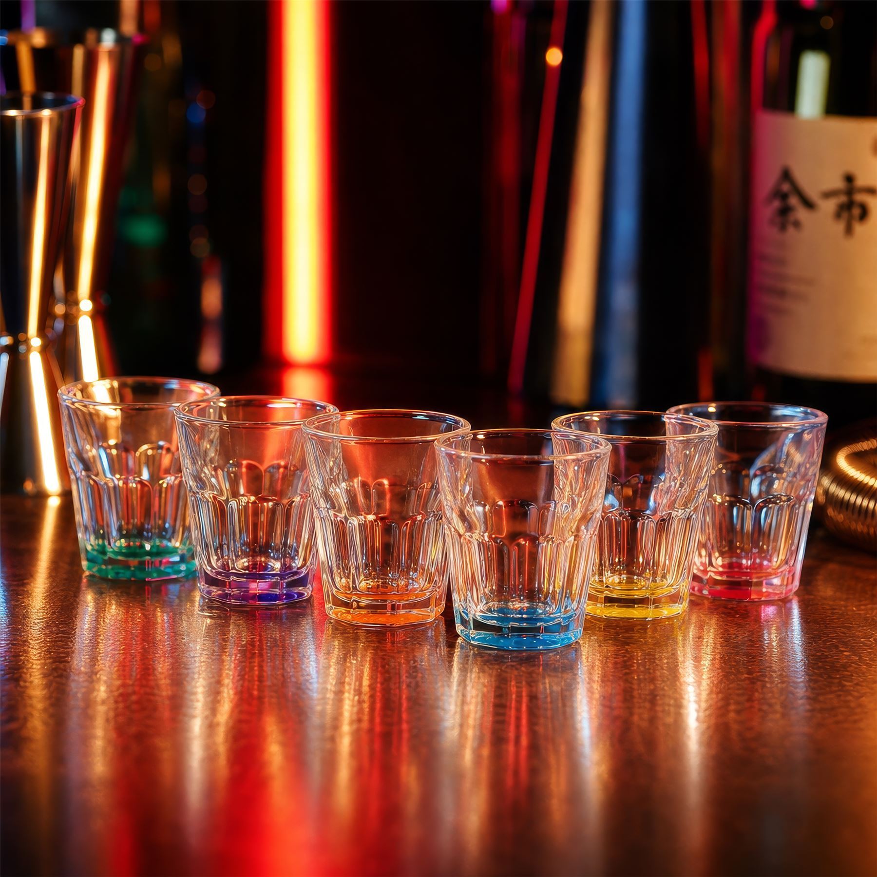 55ml Panelled Shot Glasses with Coloured Base - Pack of Six