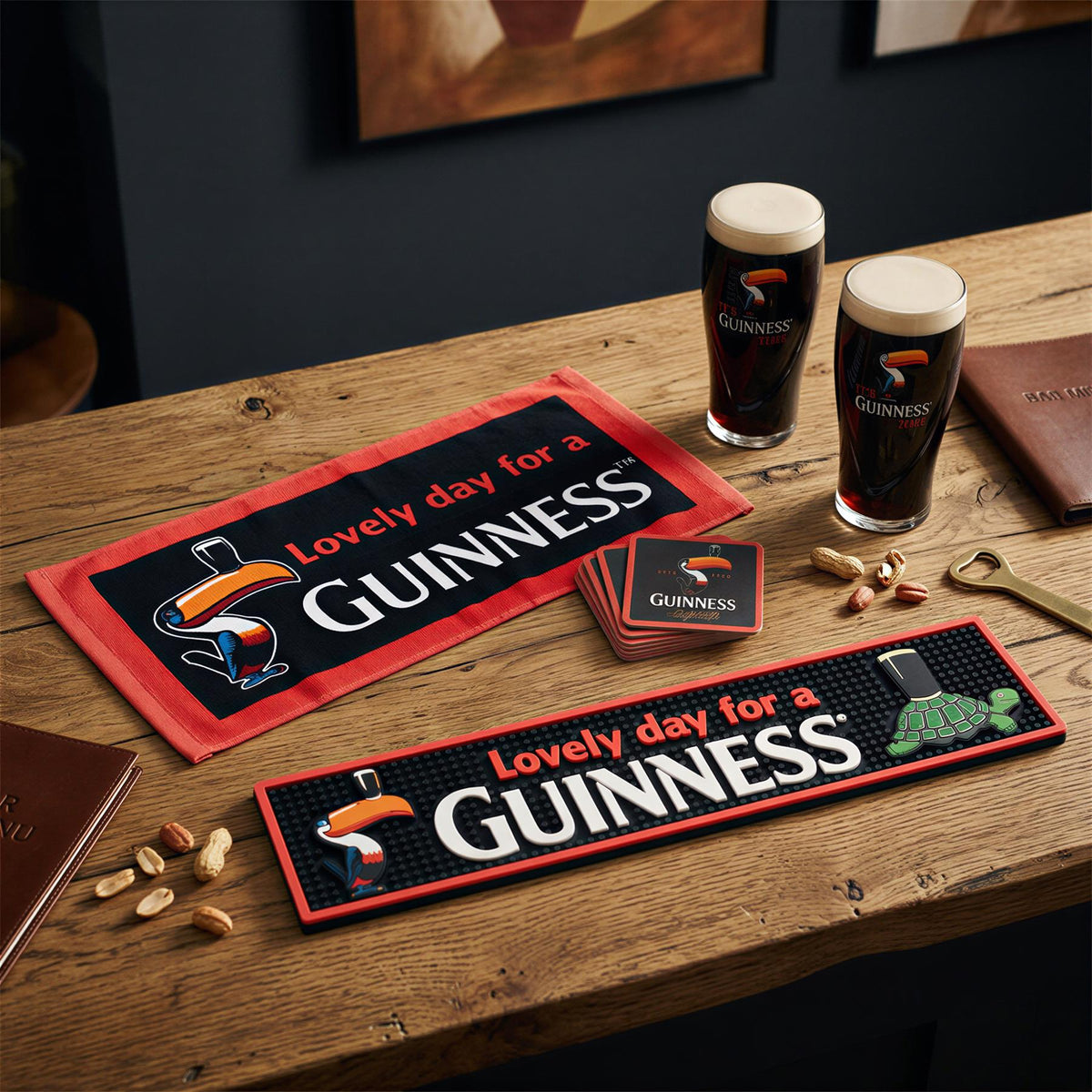 Guinness Toucan Bar Towel & Coasters Set - 23 x 48cm - Black/Red