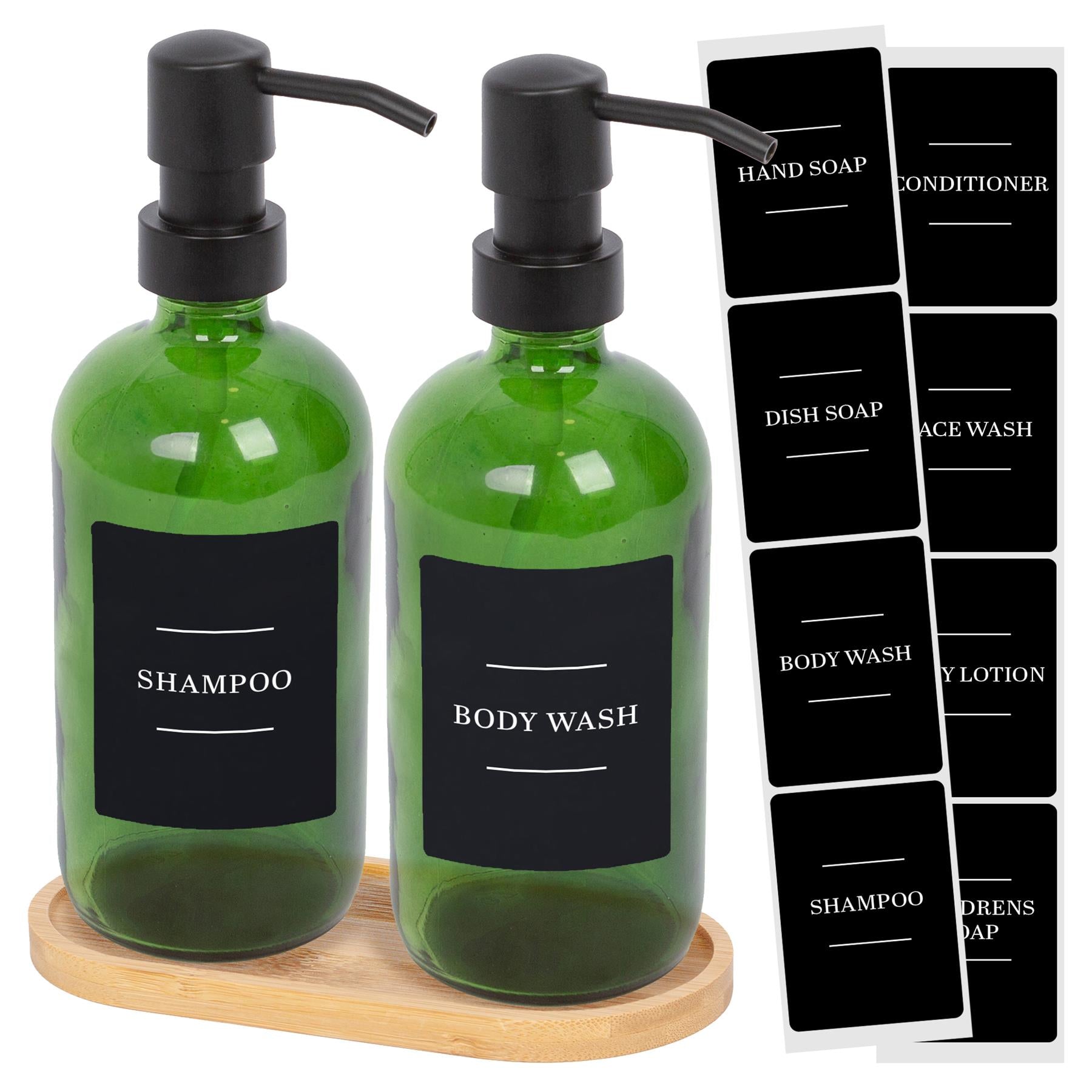 2pc 500ml Green Glass Soap Dispenser with Black Labels & Bamboo Tray