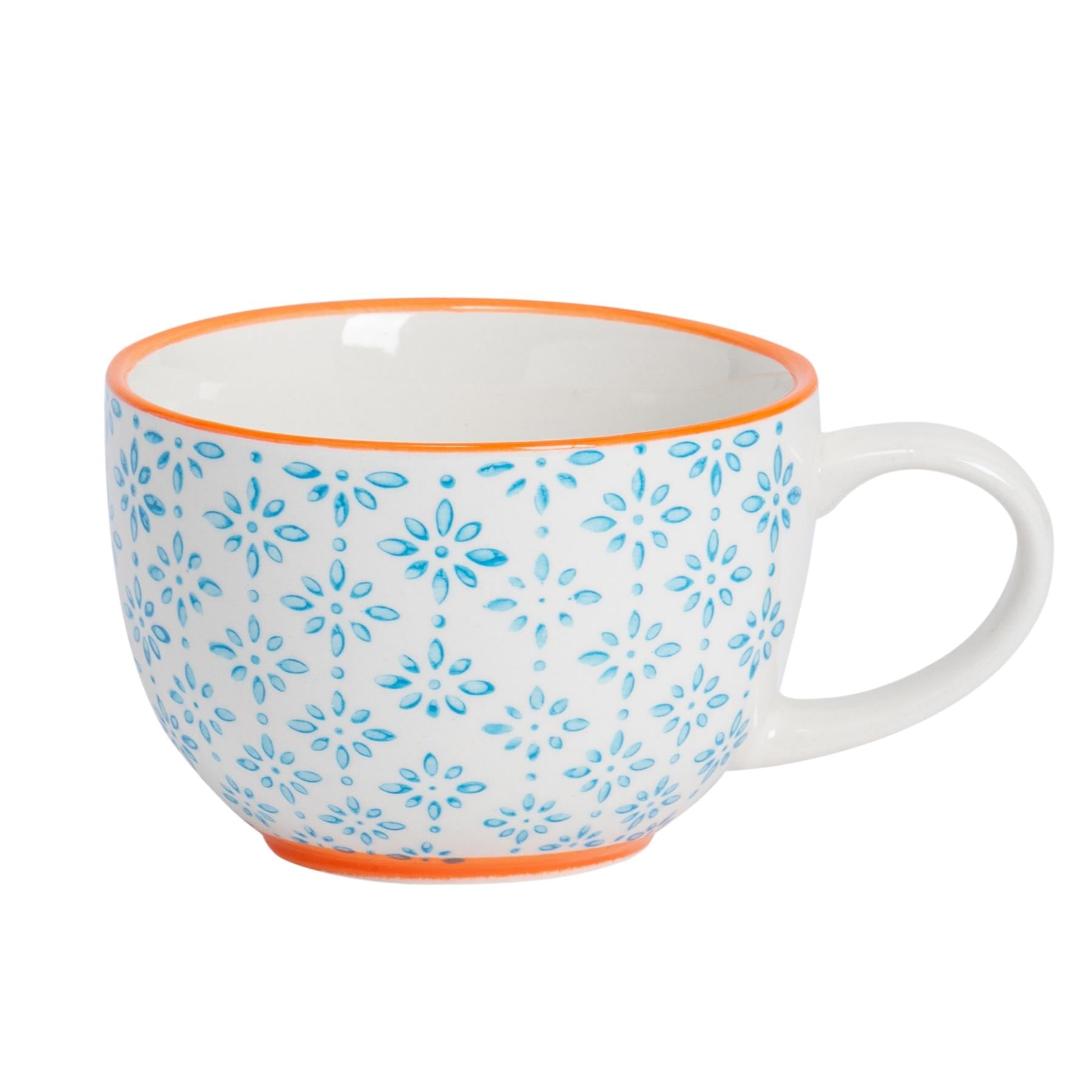 250ml Blue Hand-Printed Stoneware Cappuccino Cups - Pack of Six