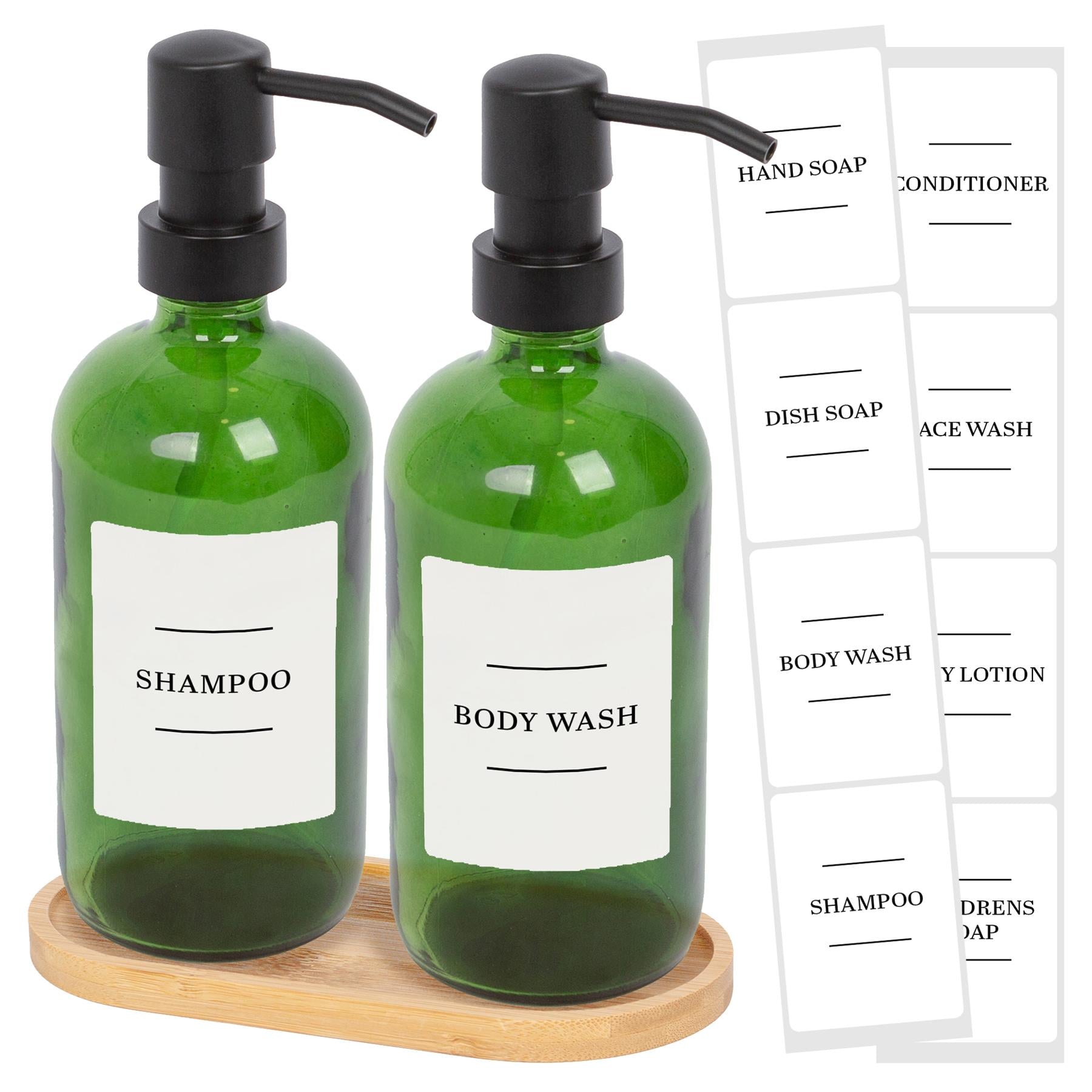 2pc 500ml Green Glass Soap Dispenser with White Labels & Bamboo Tray