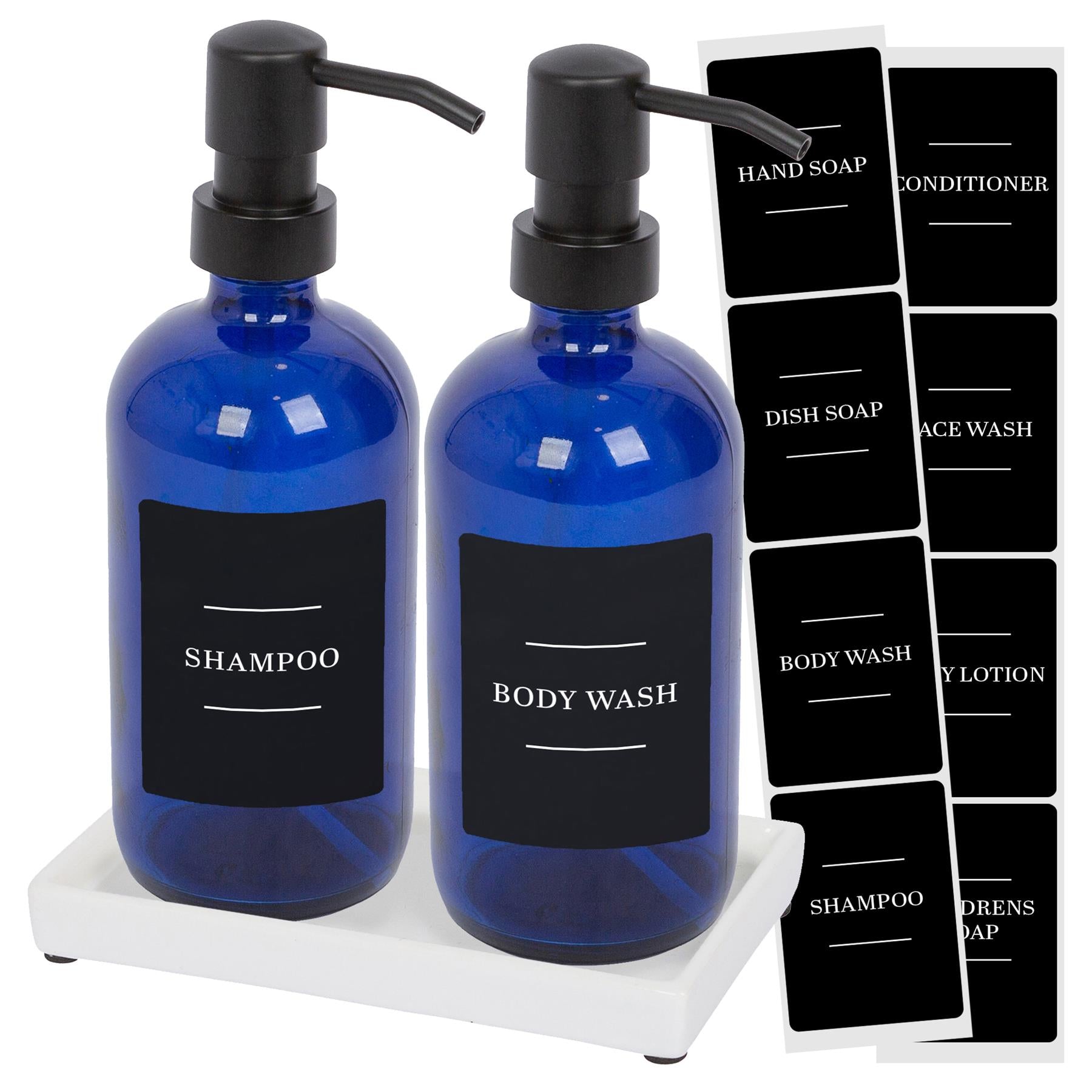 2pc 500ml Blue Glass Soap Dispenser with Black Labels & Ceramic Tray