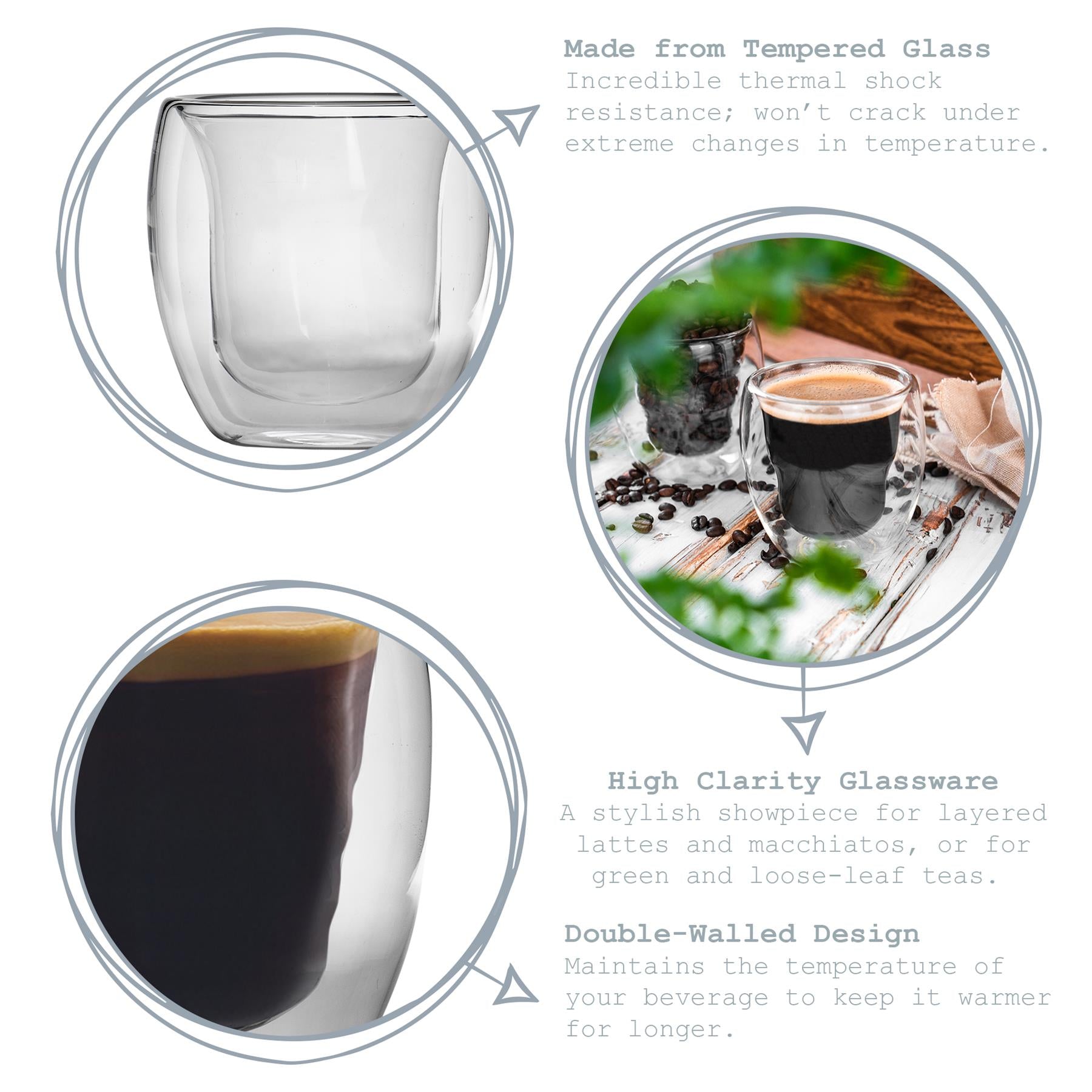 220ml Double Walled Glass Mugs - Clear - Pack of 4