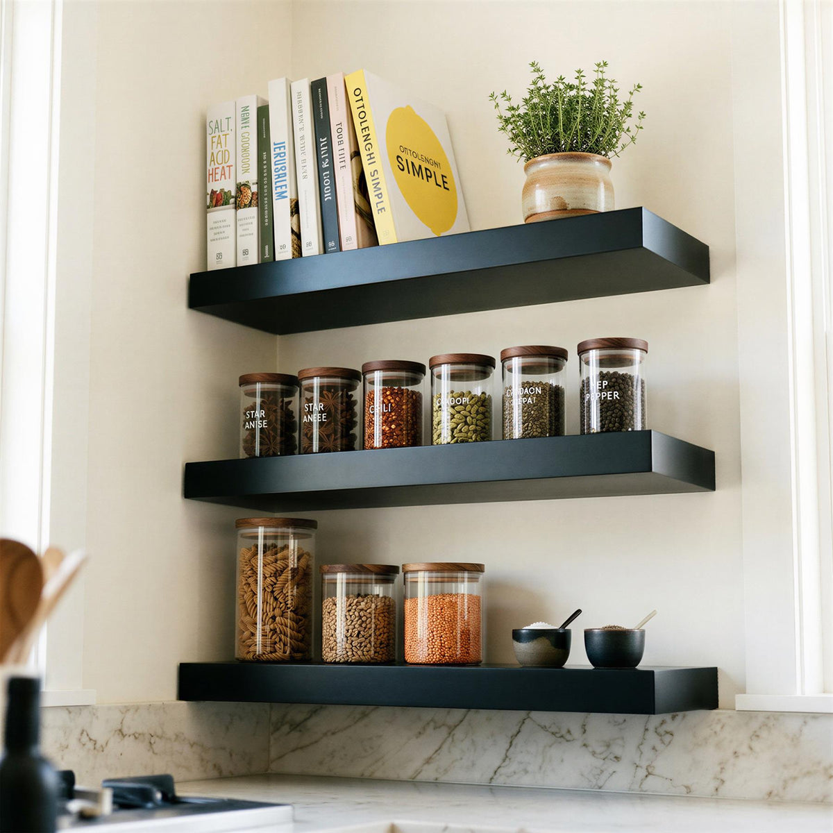 Wooden Floating Shelves - 40cm - Black - Pack of 3
