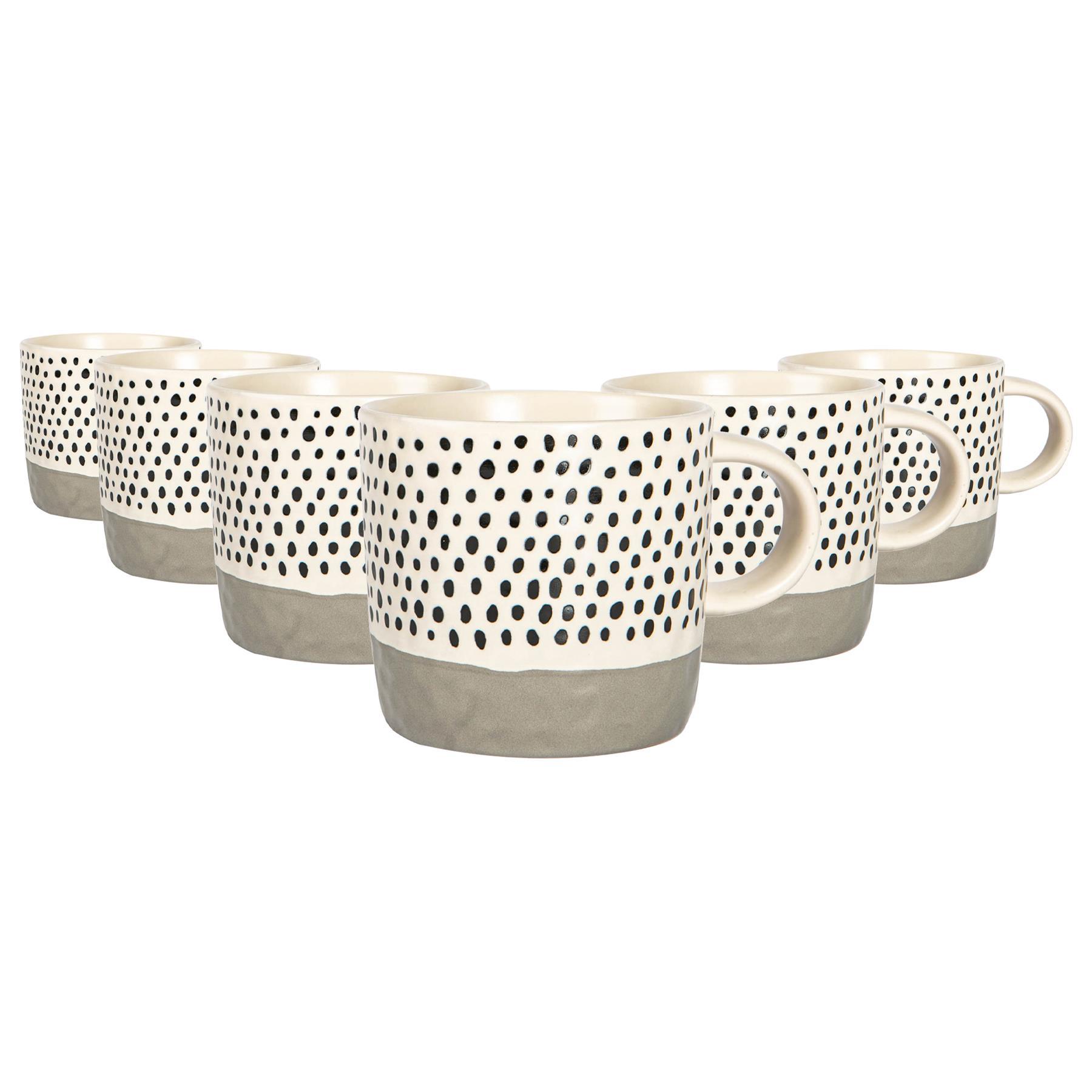 385ml Grey Colour Block Spot Portuguese Stoneware Coffee Mugs - Pack of Six