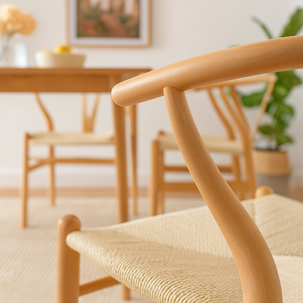 5pc 90cm Square Beige Wooden Table & Beige Wishbone Chair Dining Set