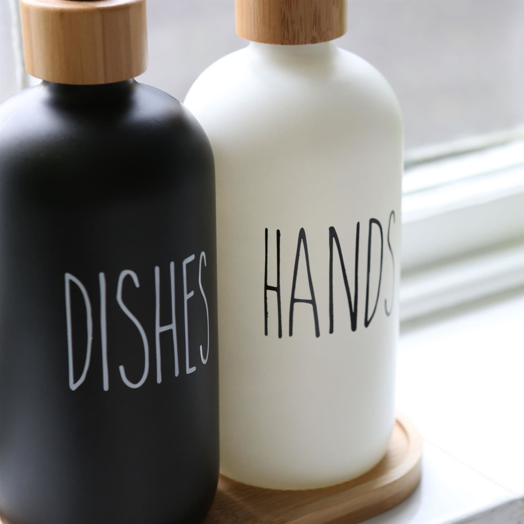2pc 500ml Black & White Glass Hand & Dish Soap Dispenser Set with Ceramic Tray