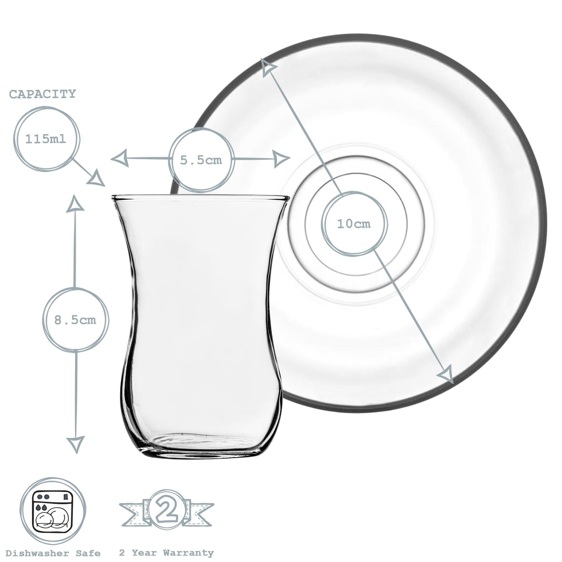 115ml Klasik Glass Turkish Tea Cups & Saucers - 6 Sets