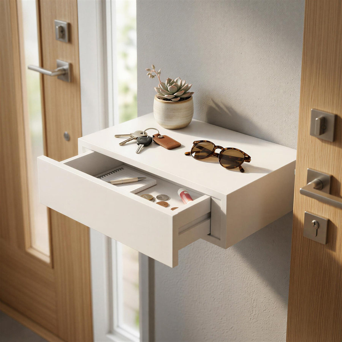 Wooden Floating Shelf with Drawer - 40cm - White