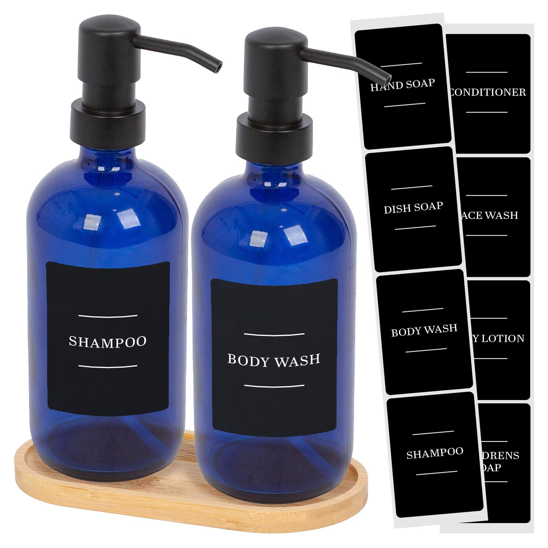 2pc 500ml Blue Glass Soap Dispenser with Black Labels & Bamboo Tray