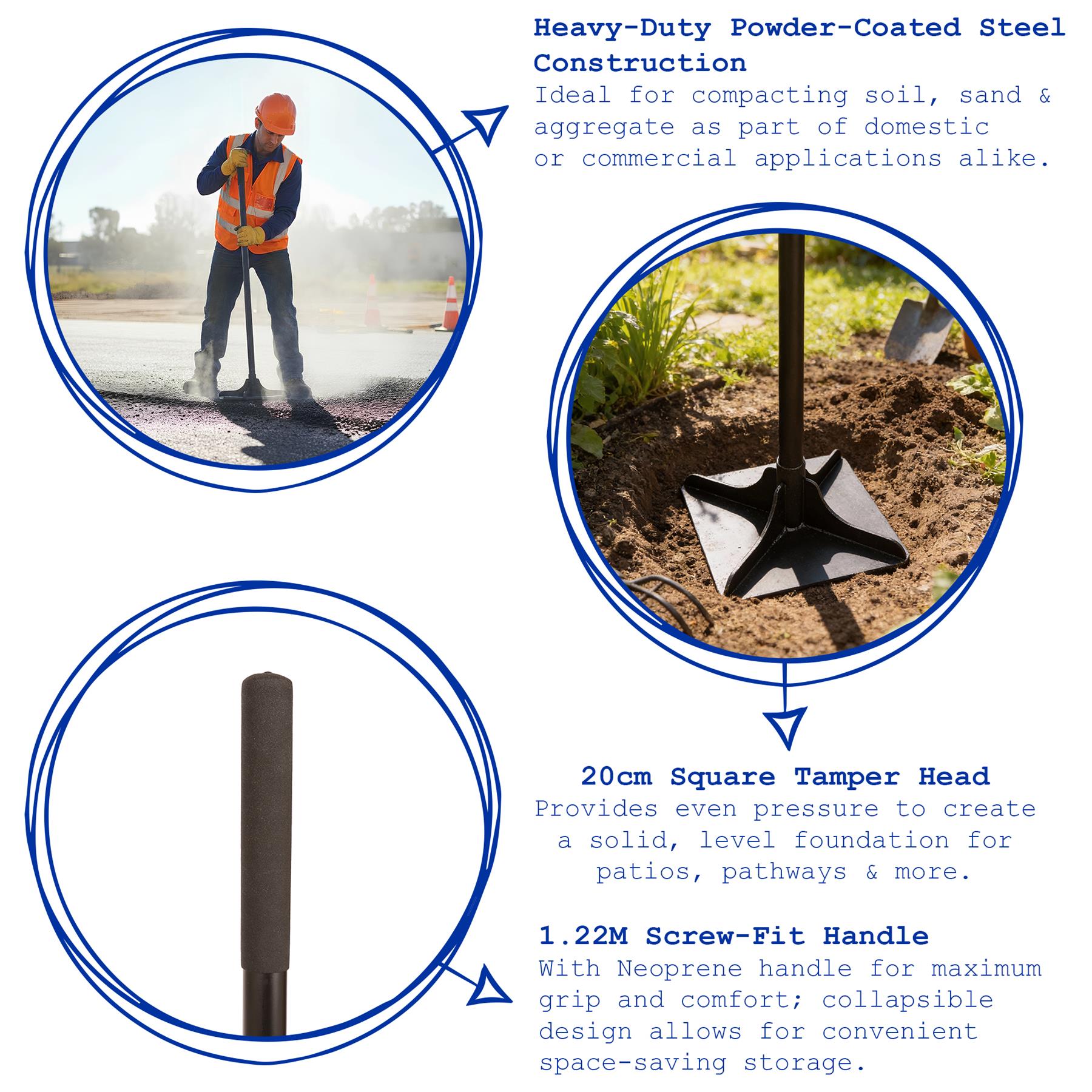 20cm Ground Tamper with 1.22M Handle - Black