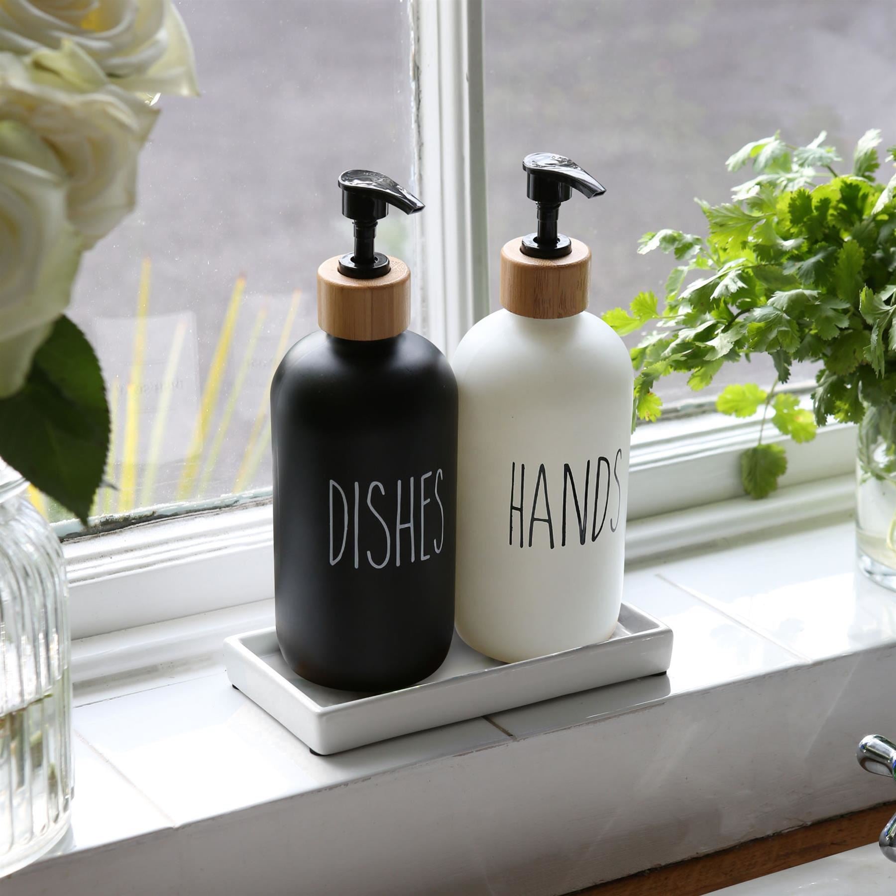 2pc 500ml Black & White Glass Hand & Dish Soap Dispenser Set with Ceramic Tray