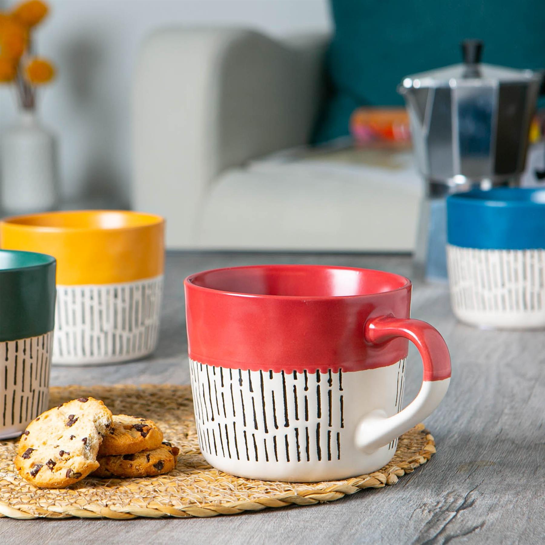 450ml Multicoloured Colour Block Dash Stoneware Coffee Mugs - Pack of Six