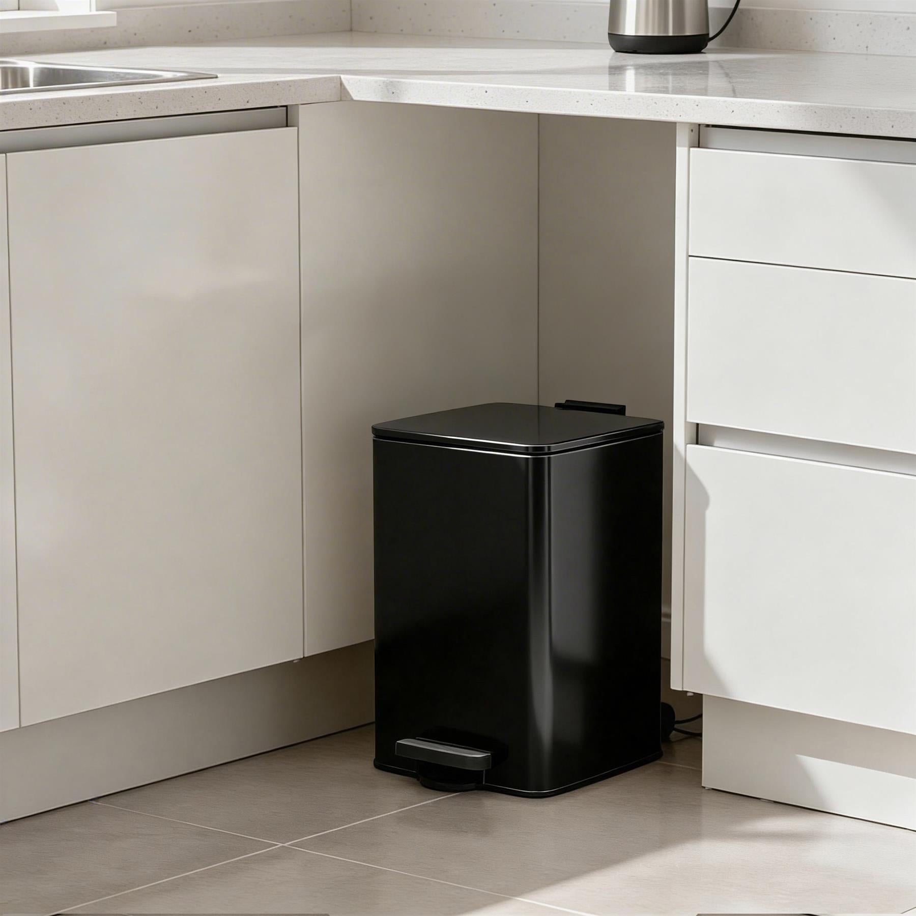 20L Square Stainless Steel Kitchen Pedal Bin - Black