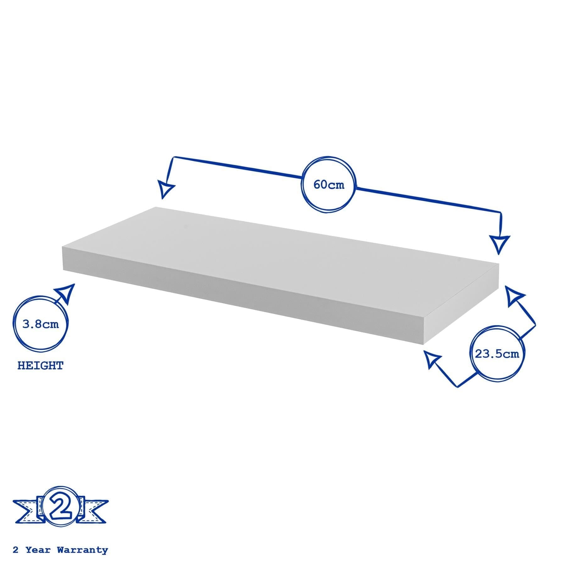 60cm White Modern Floating Shelves - Pack of Two