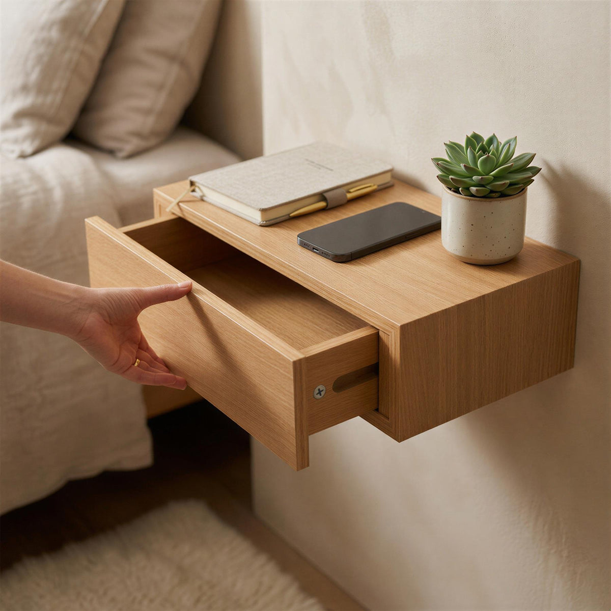 Wooden Floating Shelf with Drawer - 40cm - Light Oak