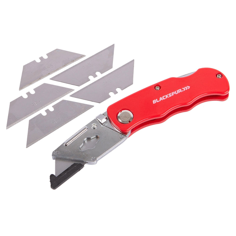Red Aluminium Folding Lock Back Utility Knife Set - By Blackspur