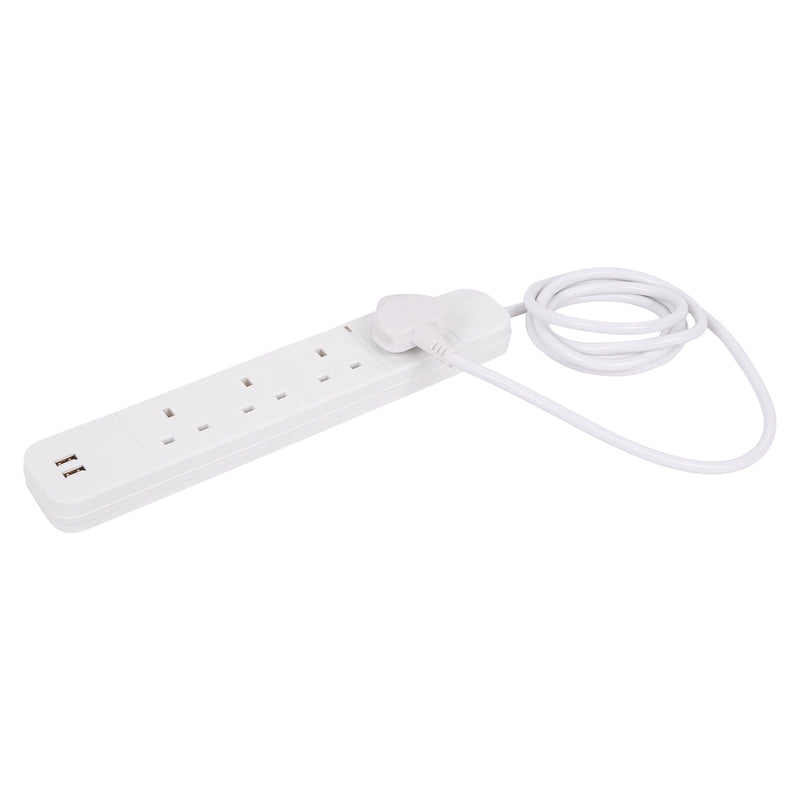 4-Way Extension Lead with 2m Cable & 2 USB Ports - By Kingavon