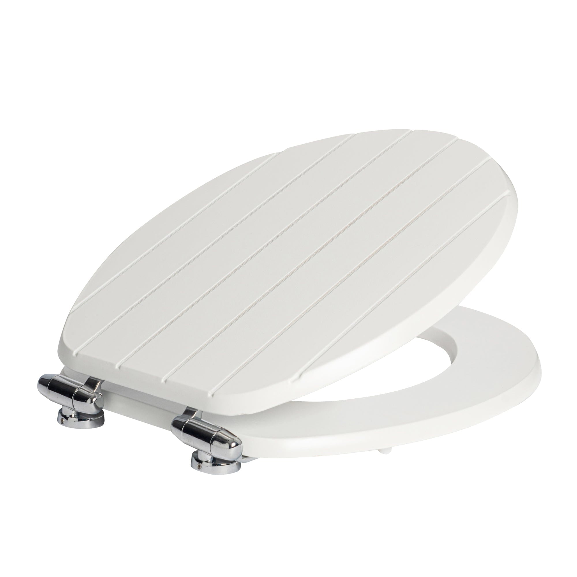 White soft-close tongue and groove MDF wood toilet seat with chrome hinges, from Harbour Housewares, product image on white background