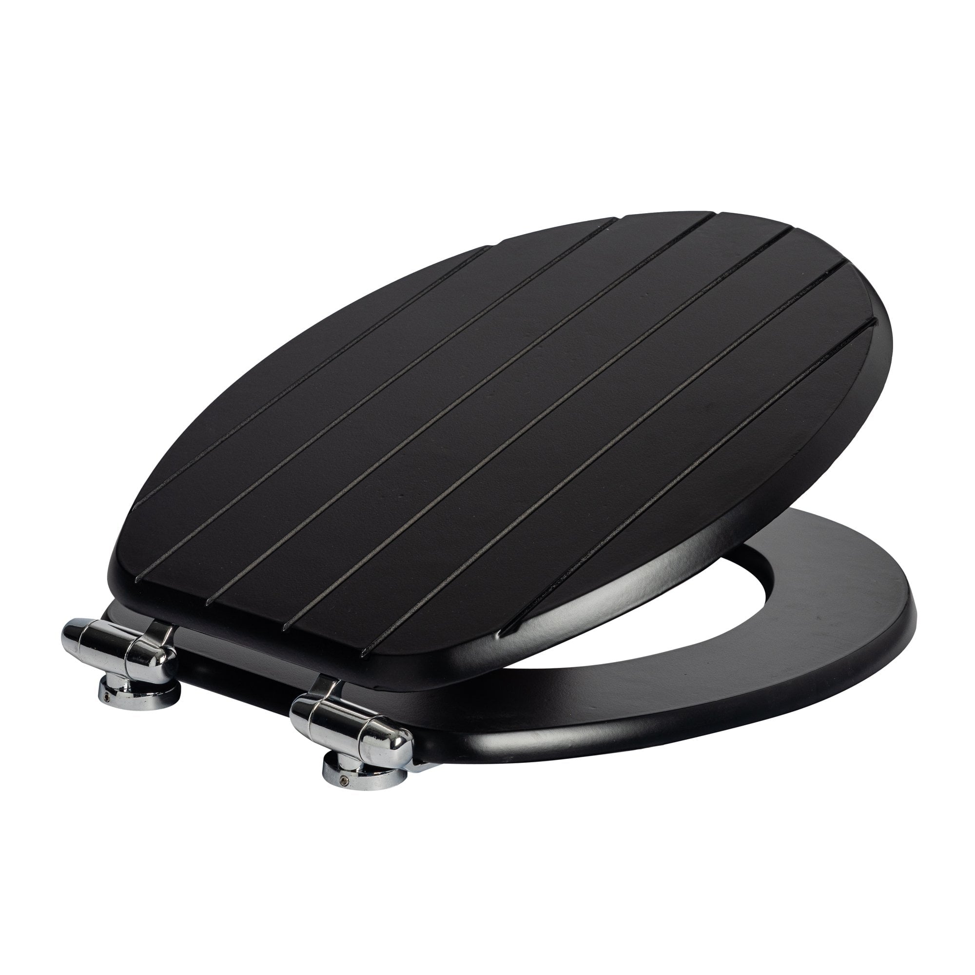 Black soft-close tongue and groove MDF wood toilet seat with chrome hinges, from Harbour Housewares, product image on white background