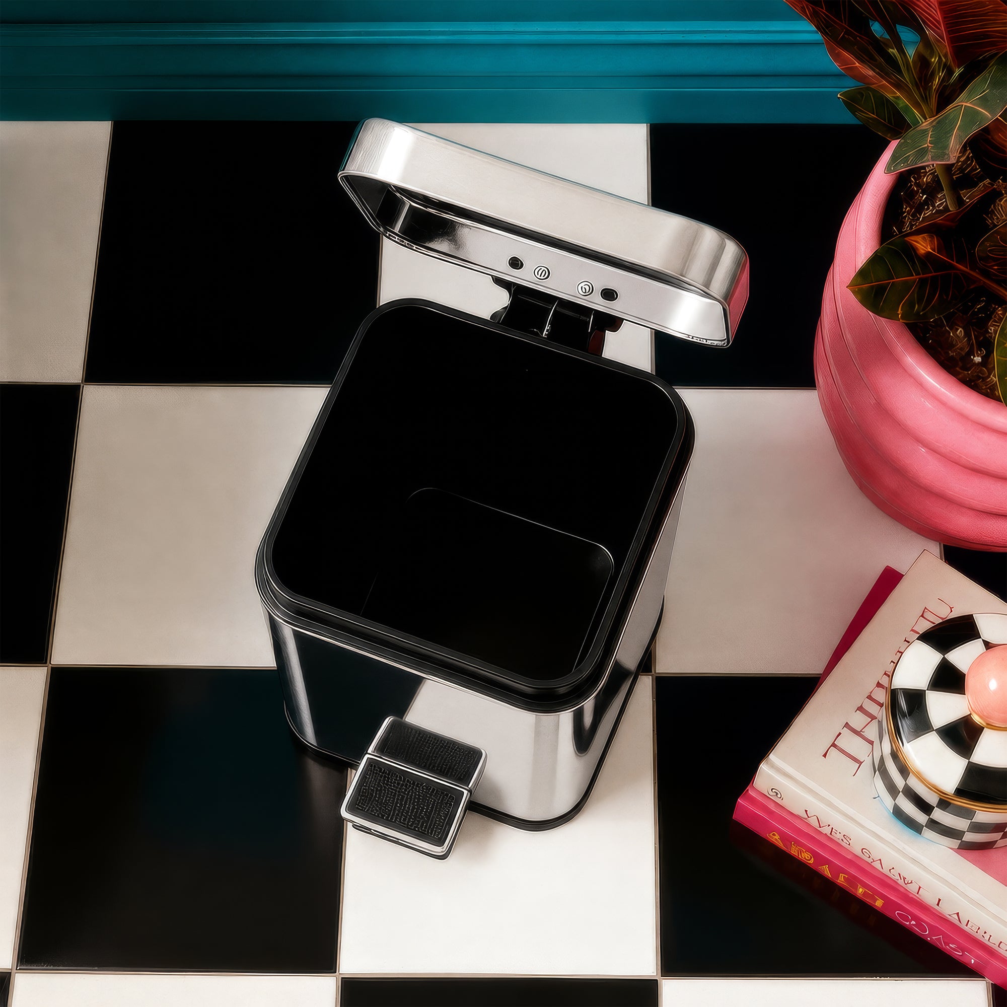 Chrome Round Toilet Brush & Square Bin Set