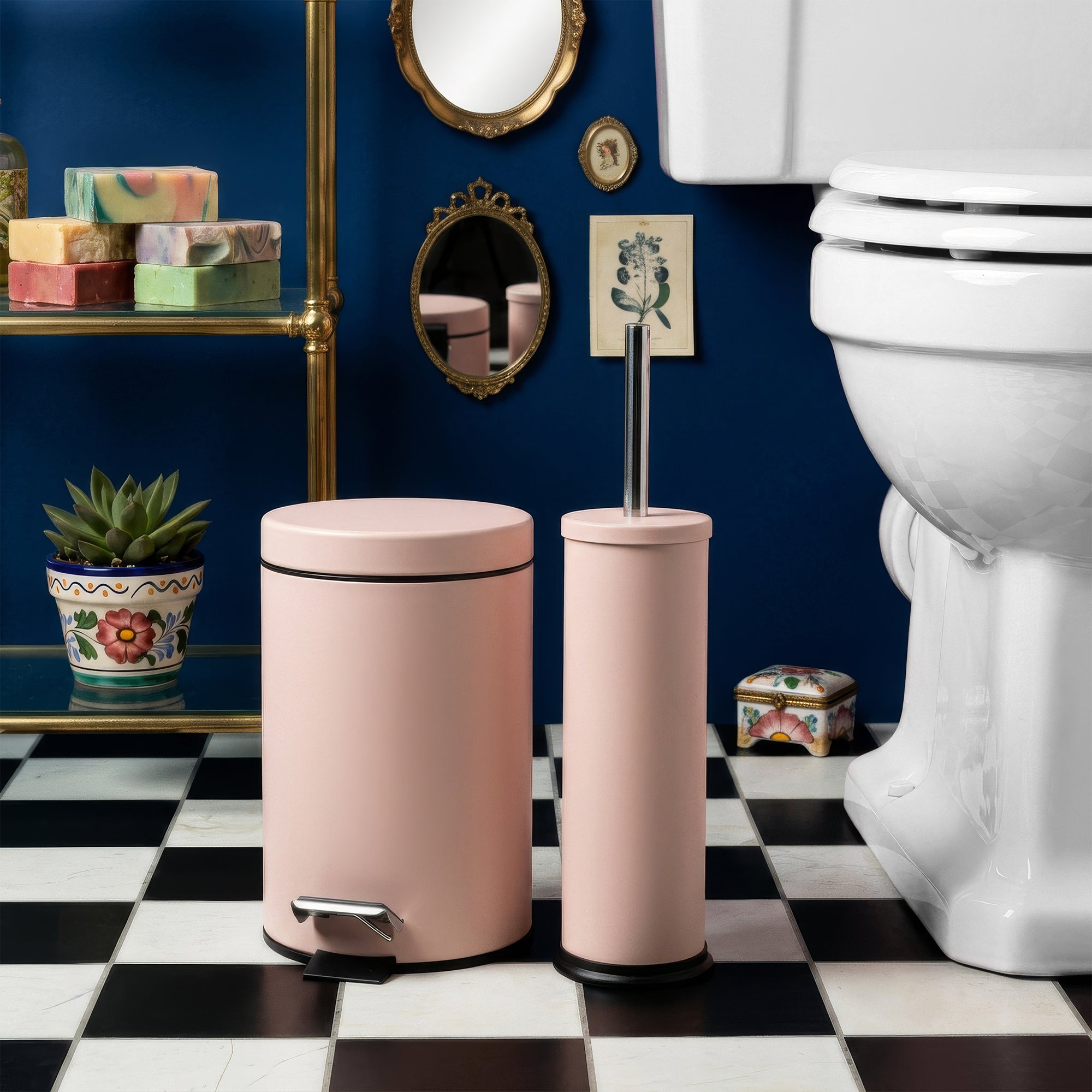 Matt Pink Round Stainless Steel Toilet Brush & Bin Set