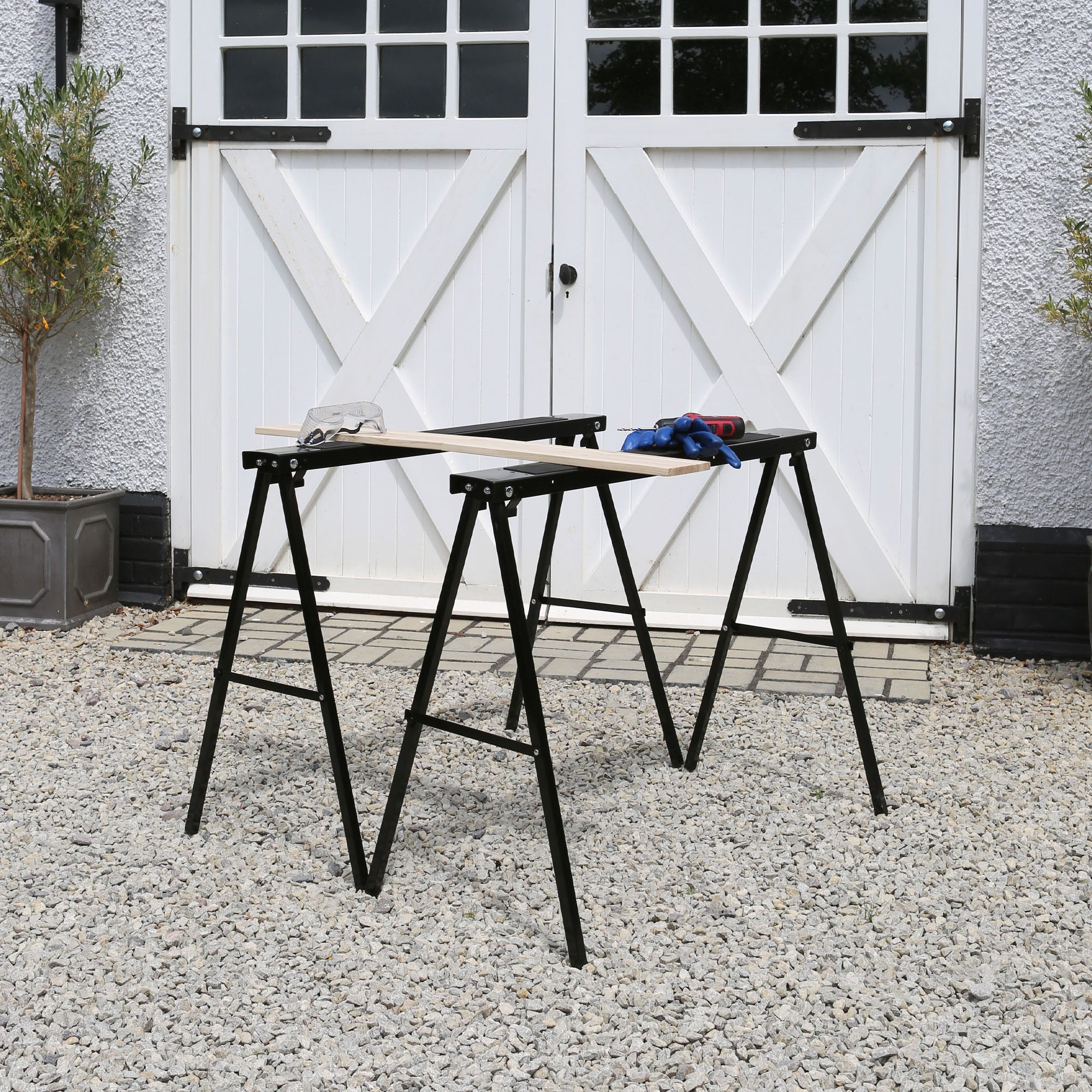 Black/Black Folding Iron Saw Horses - Pack of 2