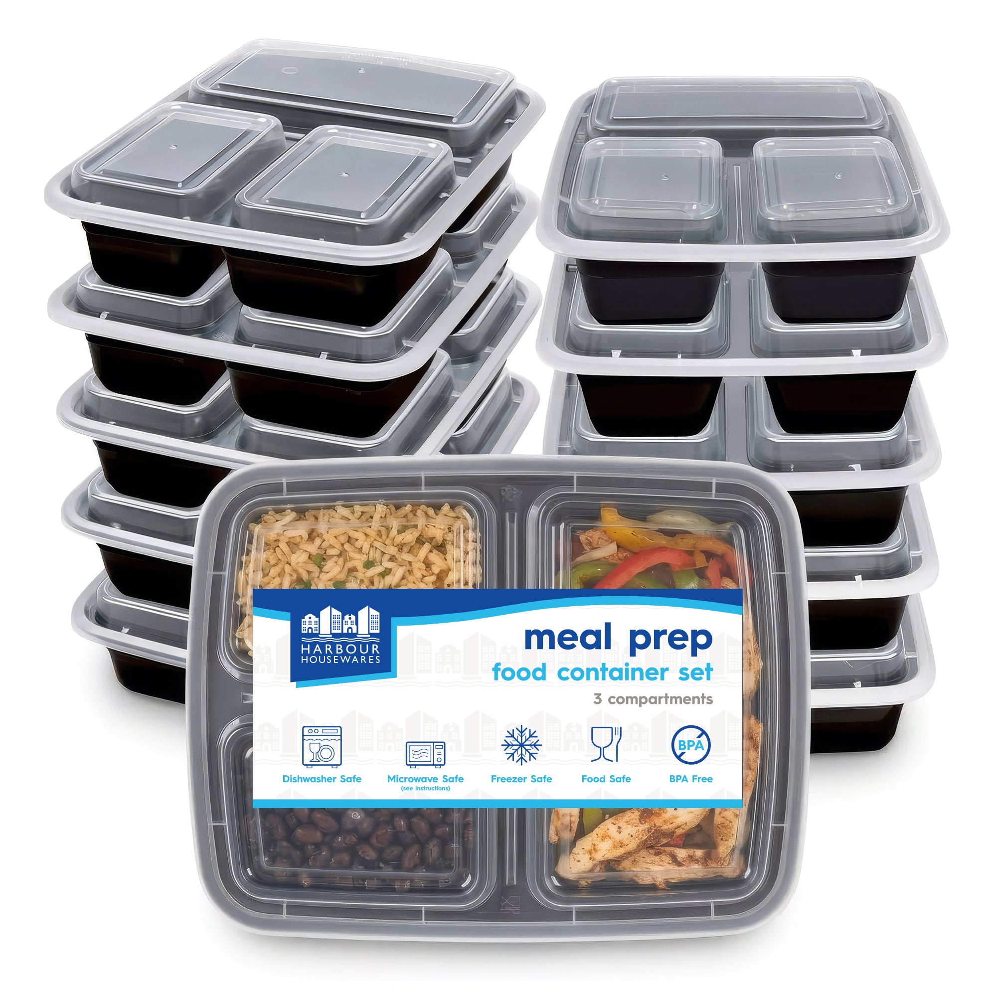 Reusable Meal Prep Containers - 3 Compartments (975ml) - Pack of 10