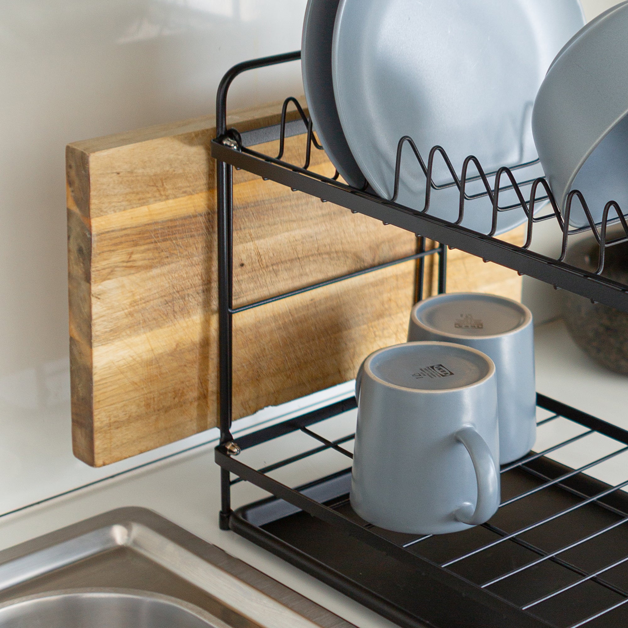 Metal 2-Tier Dish Drainer Rack with Drip Tray - Black