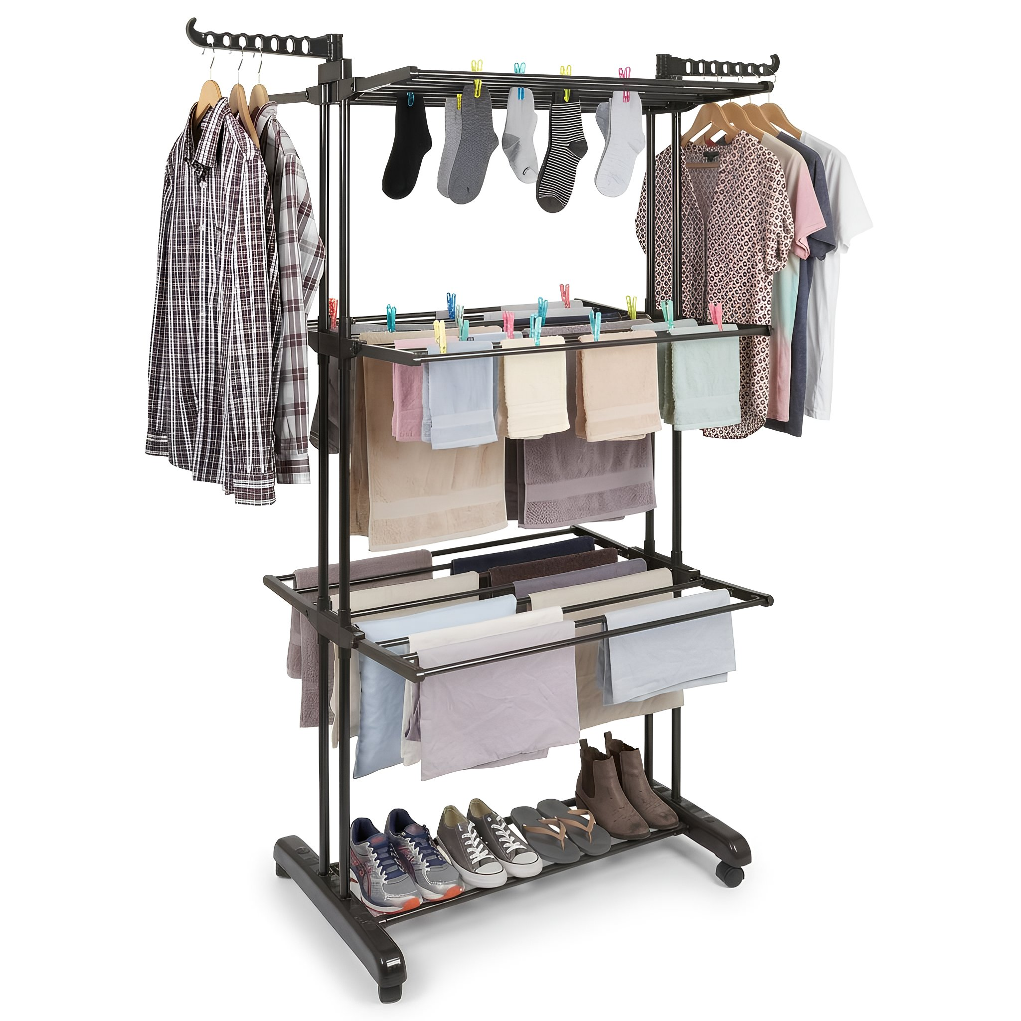 4-Tier Folding Metal Wheeled Clothes Airer - Black