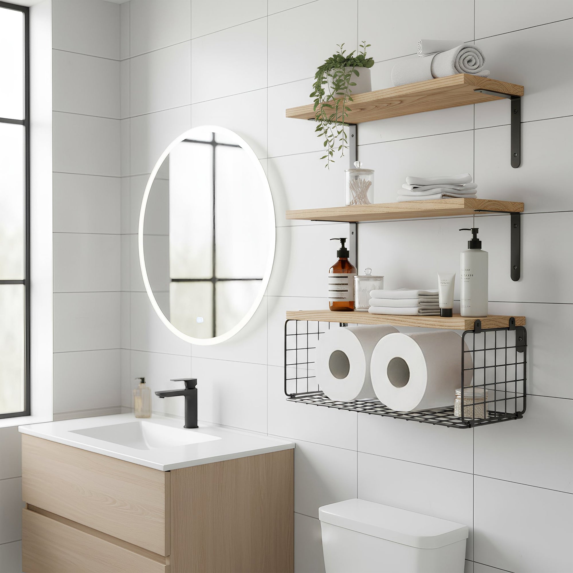 Set of 3 Rustic Wooden Bathroom Shelves with Wire Storage Basket