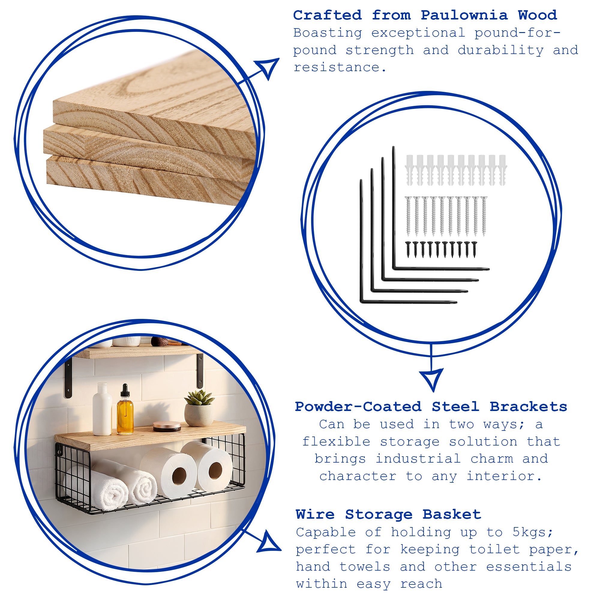 Set of 3 Rustic Wooden Bathroom Shelves with Wire Storage Basket