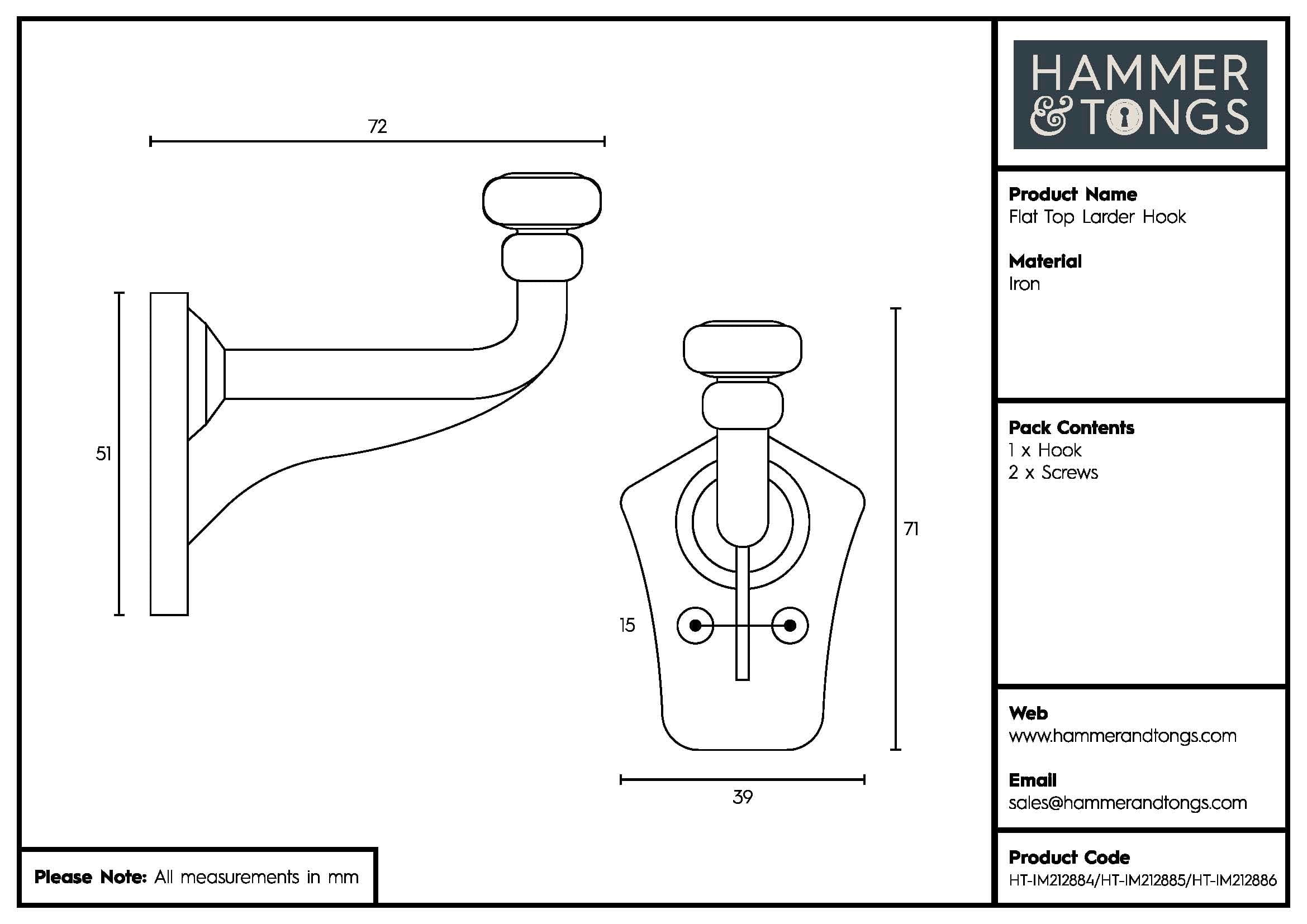 40mm x 70mm Black Flat Top Larder Hook