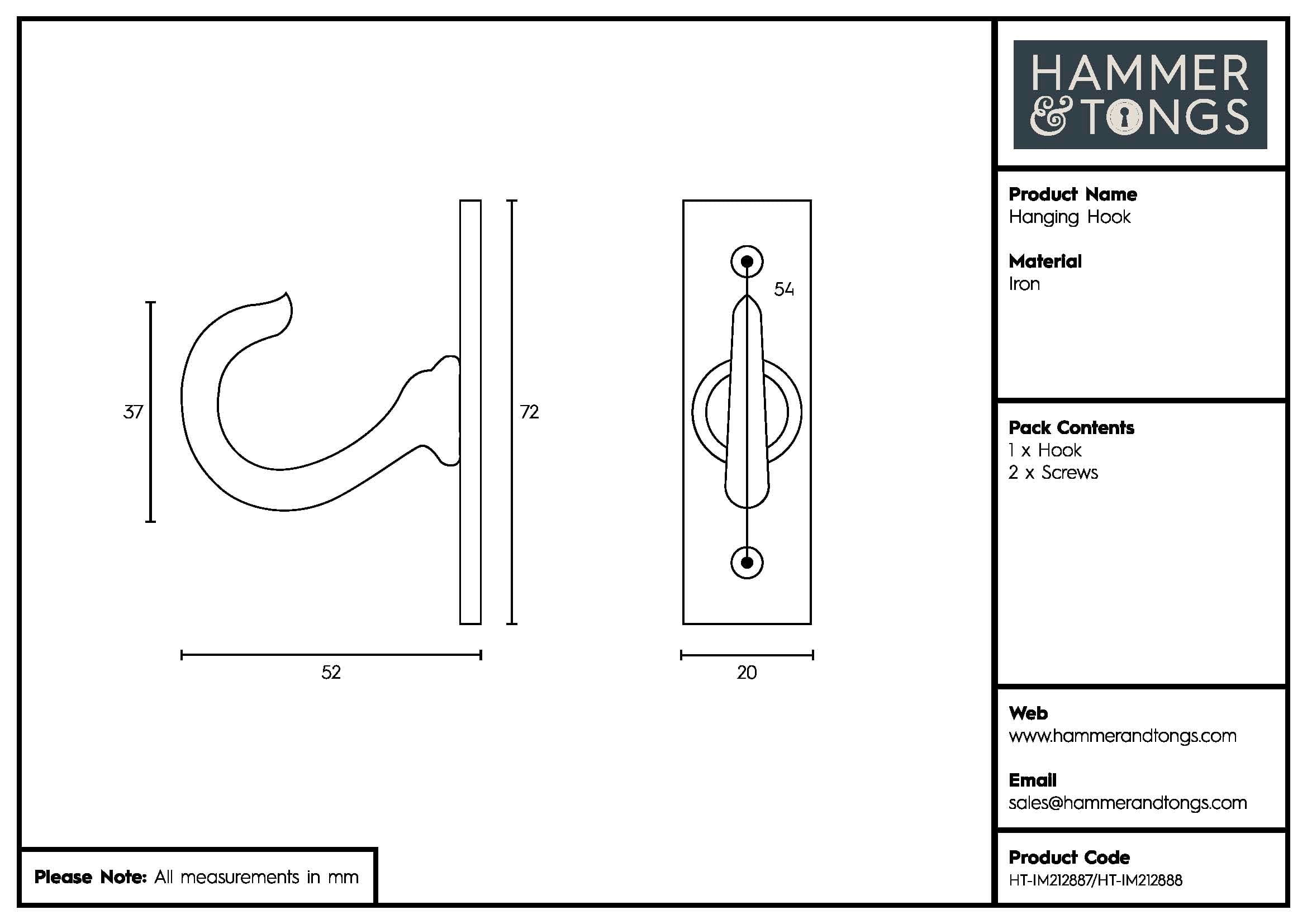 20mm x 70mm Raw Hanging Hook