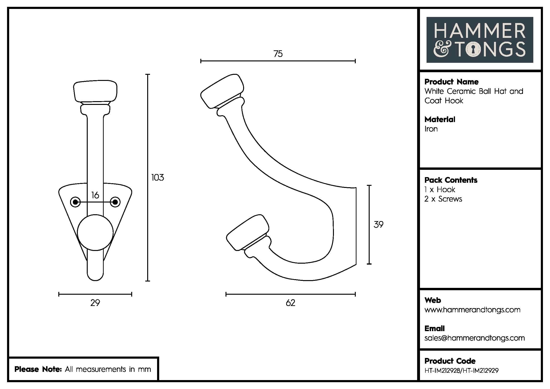 30mm x 105mm White Ceramic Ball Raw Hat & Coat Hook