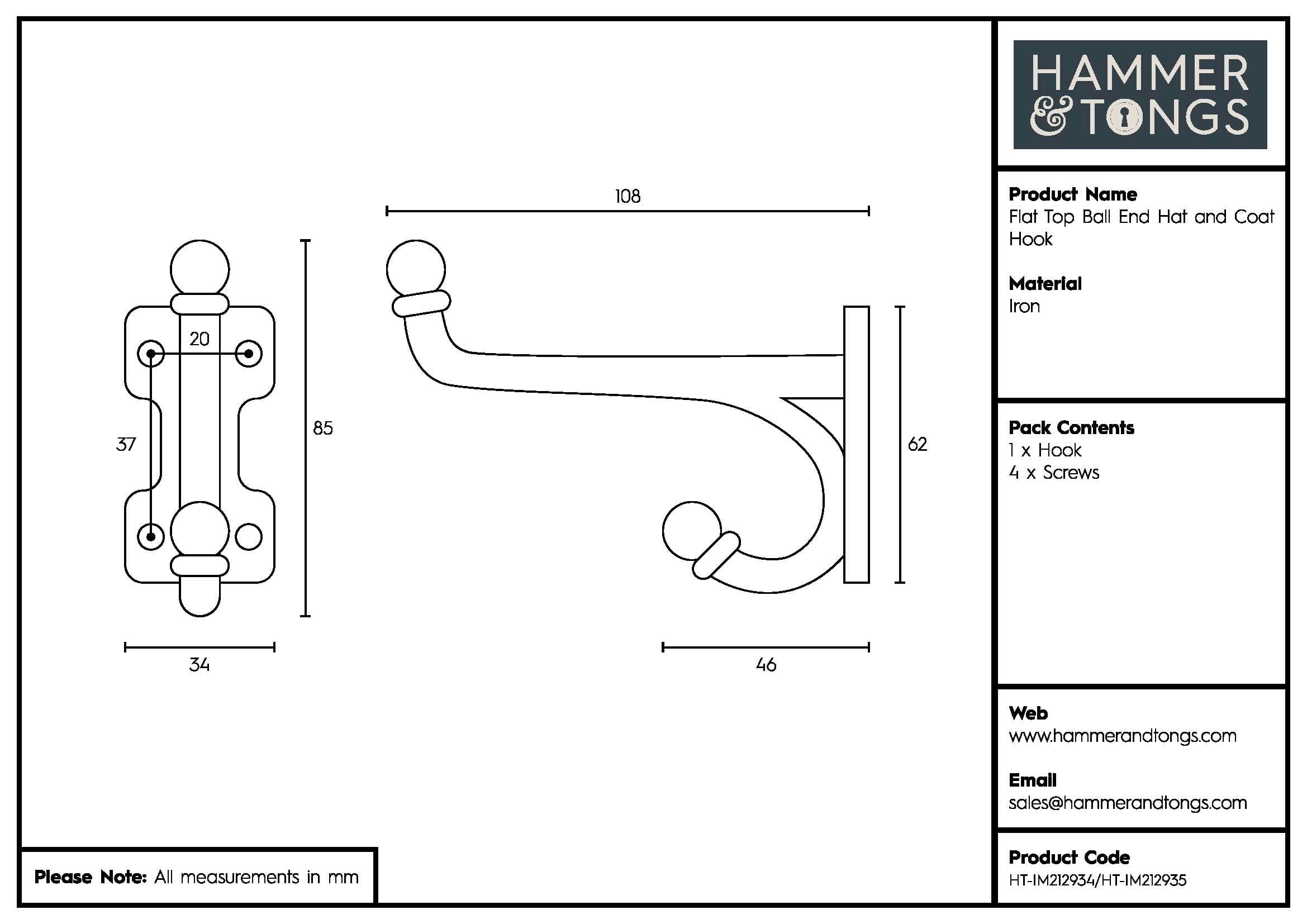 35mm x 85mm Flat Top Ball End Raw Hat & Coat Hook