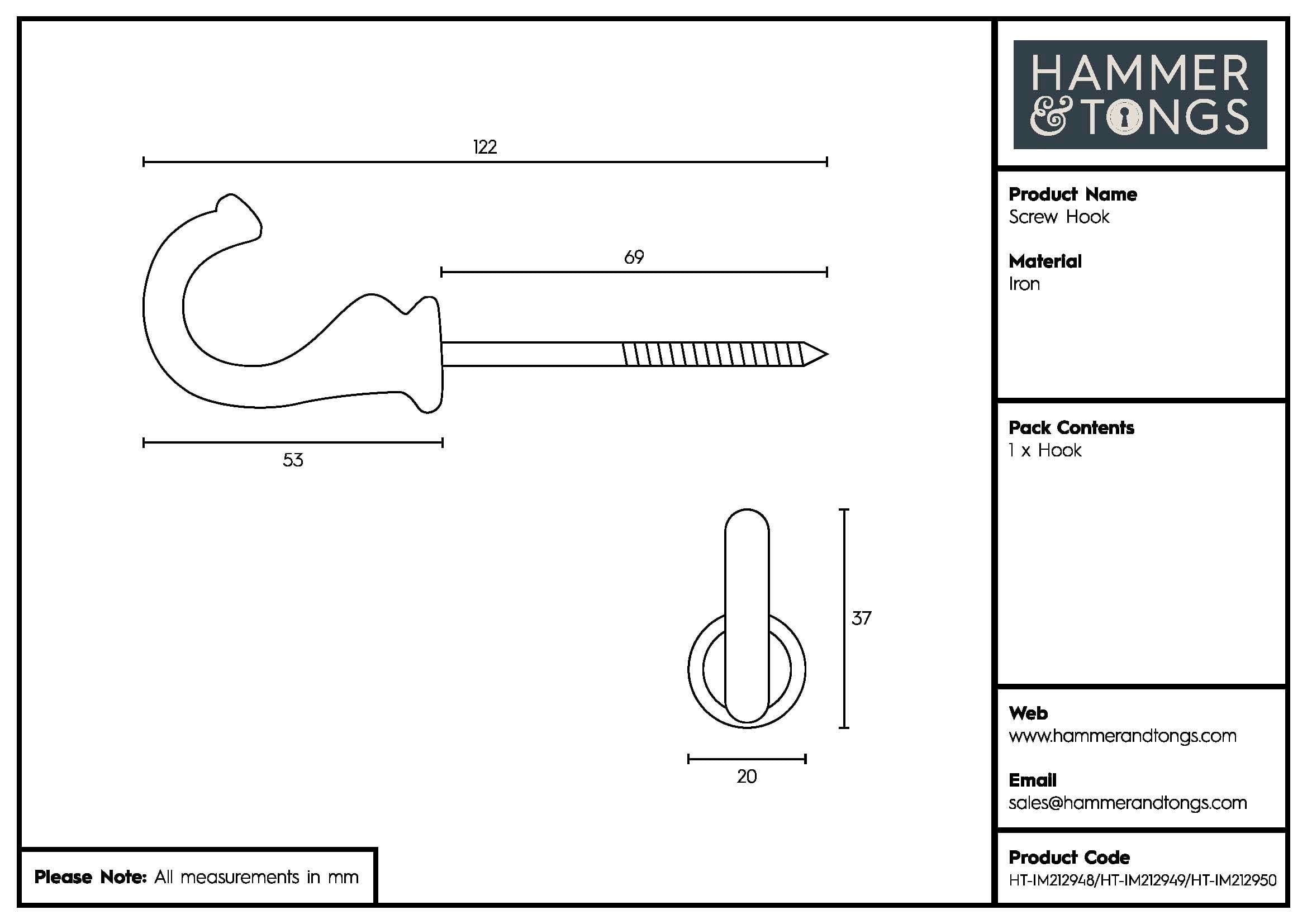 20mm x 35mm Raw Screw Hook