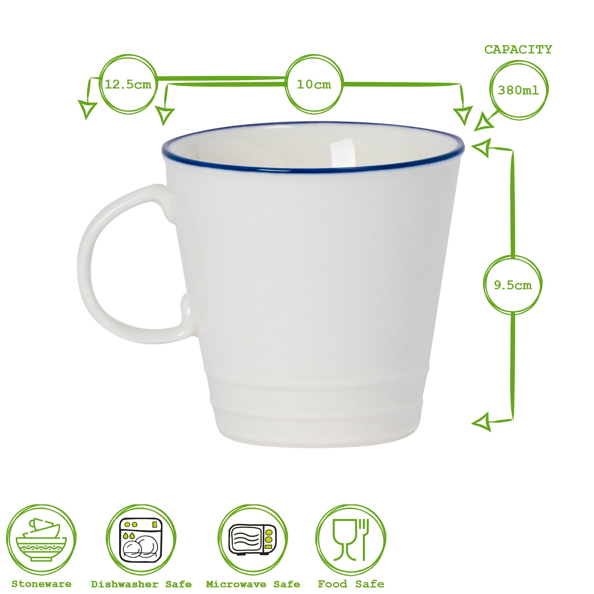 380ml Farmhouse White Porcelain Coffee Mugs - Pack of Six