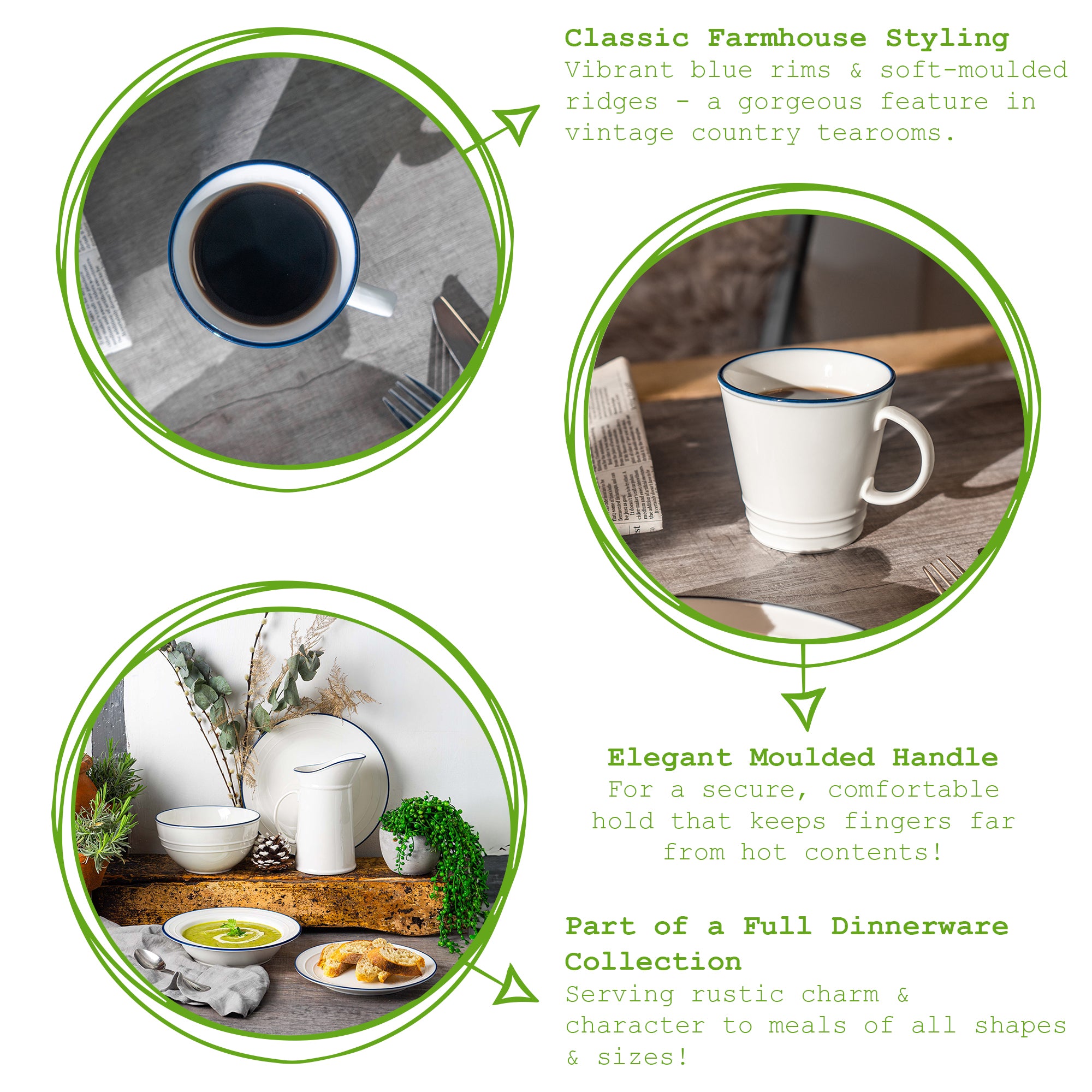 380ml Farmhouse White Porcelain Coffee Mugs - Pack of Six