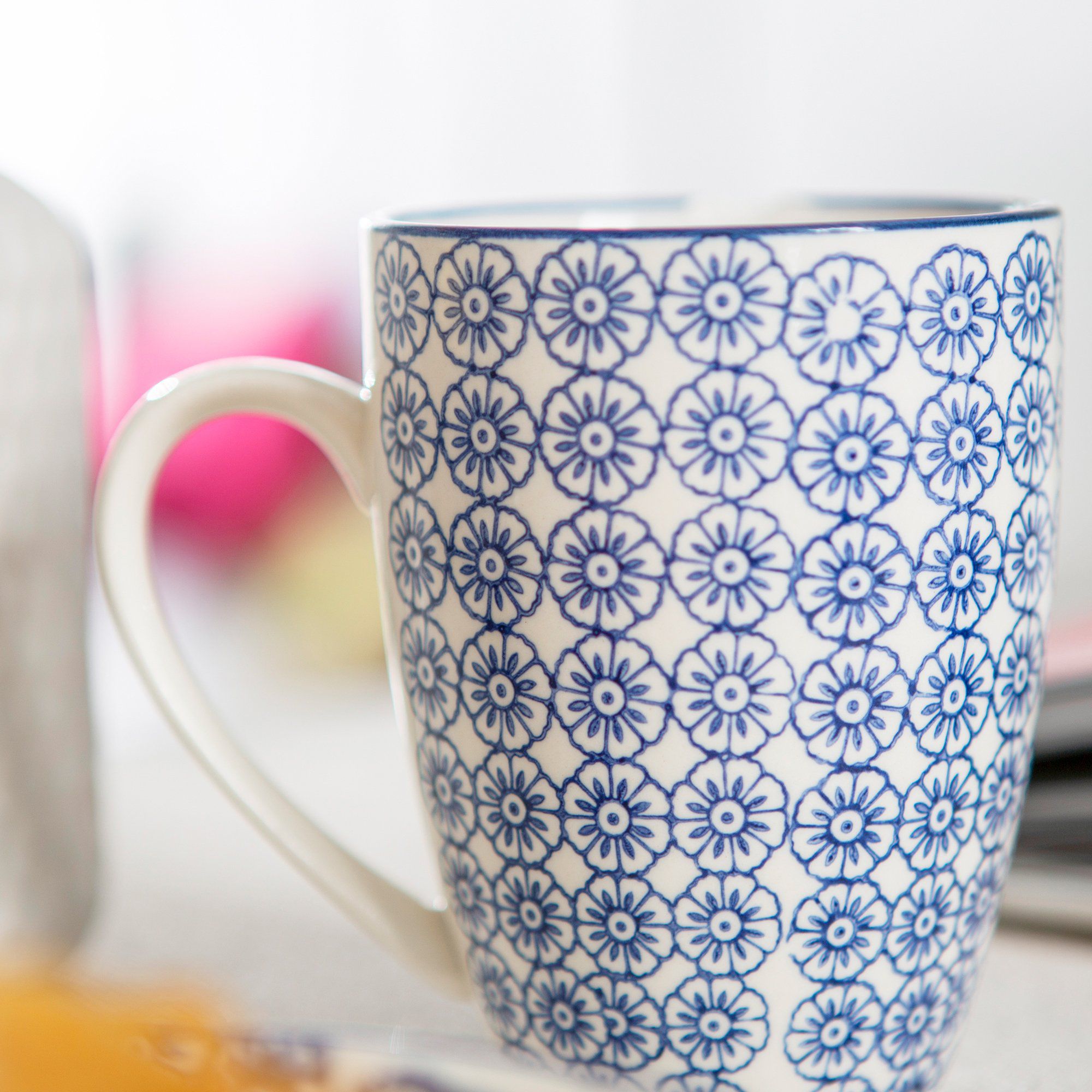 360ml Navy Hand Printed Stoneware Coffee Mugs - Pack of Six
