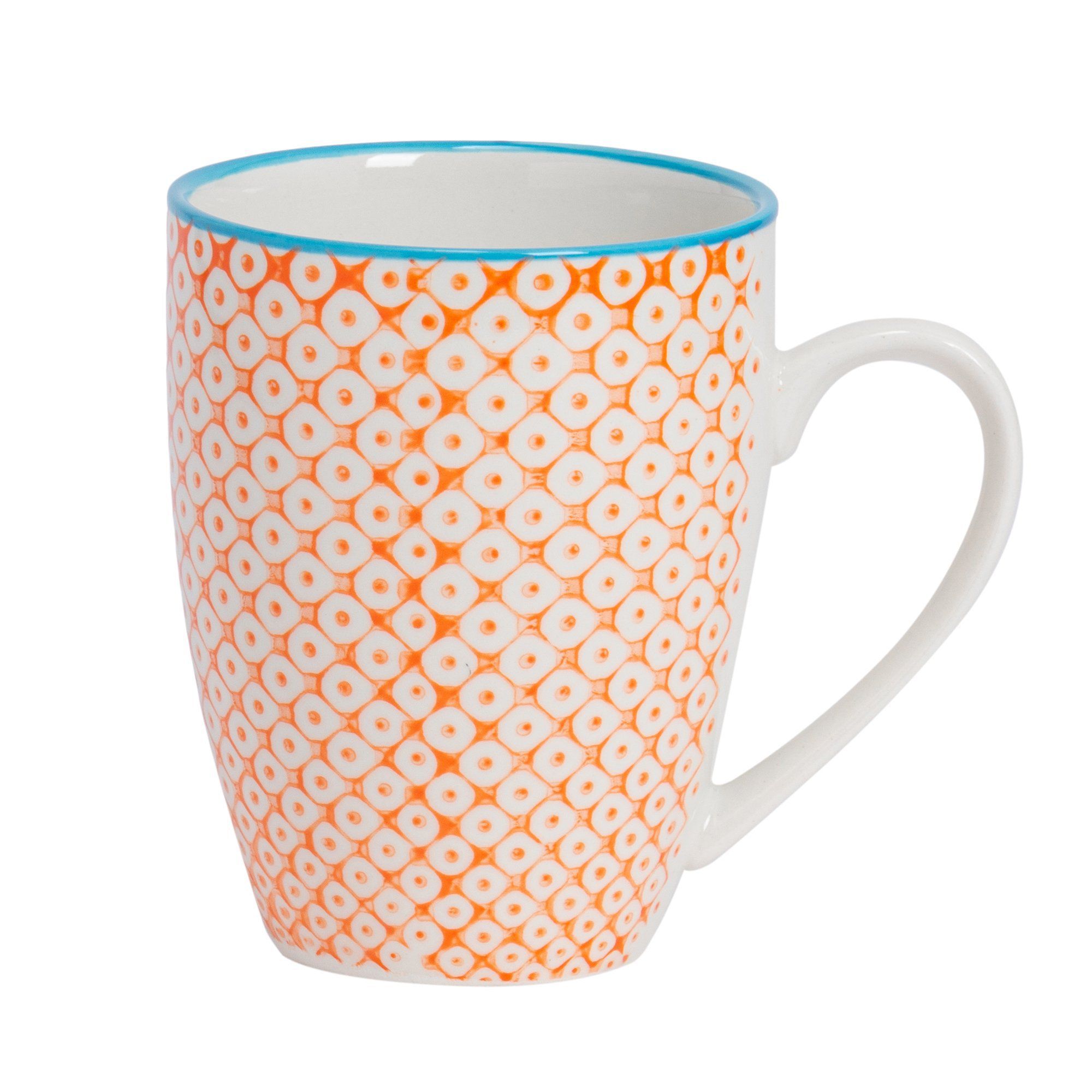 360ml Orange Hand Printed Stoneware Coffee Mugs - Pack of Six
