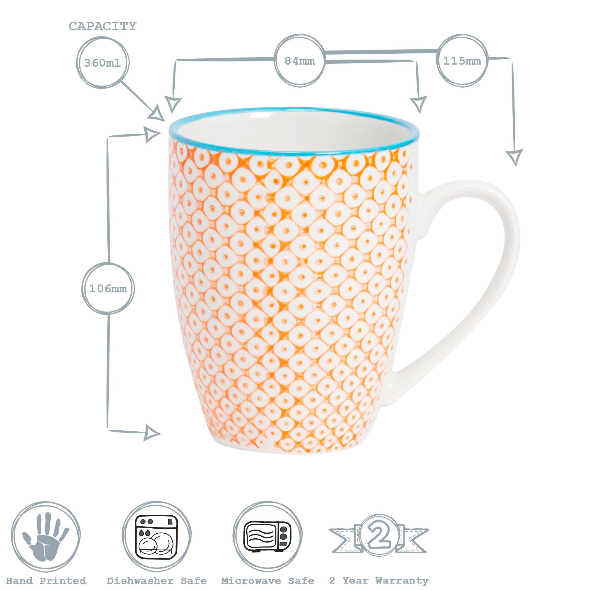 360ml Orange Hand Printed Stoneware Coffee Mugs - Pack of Six