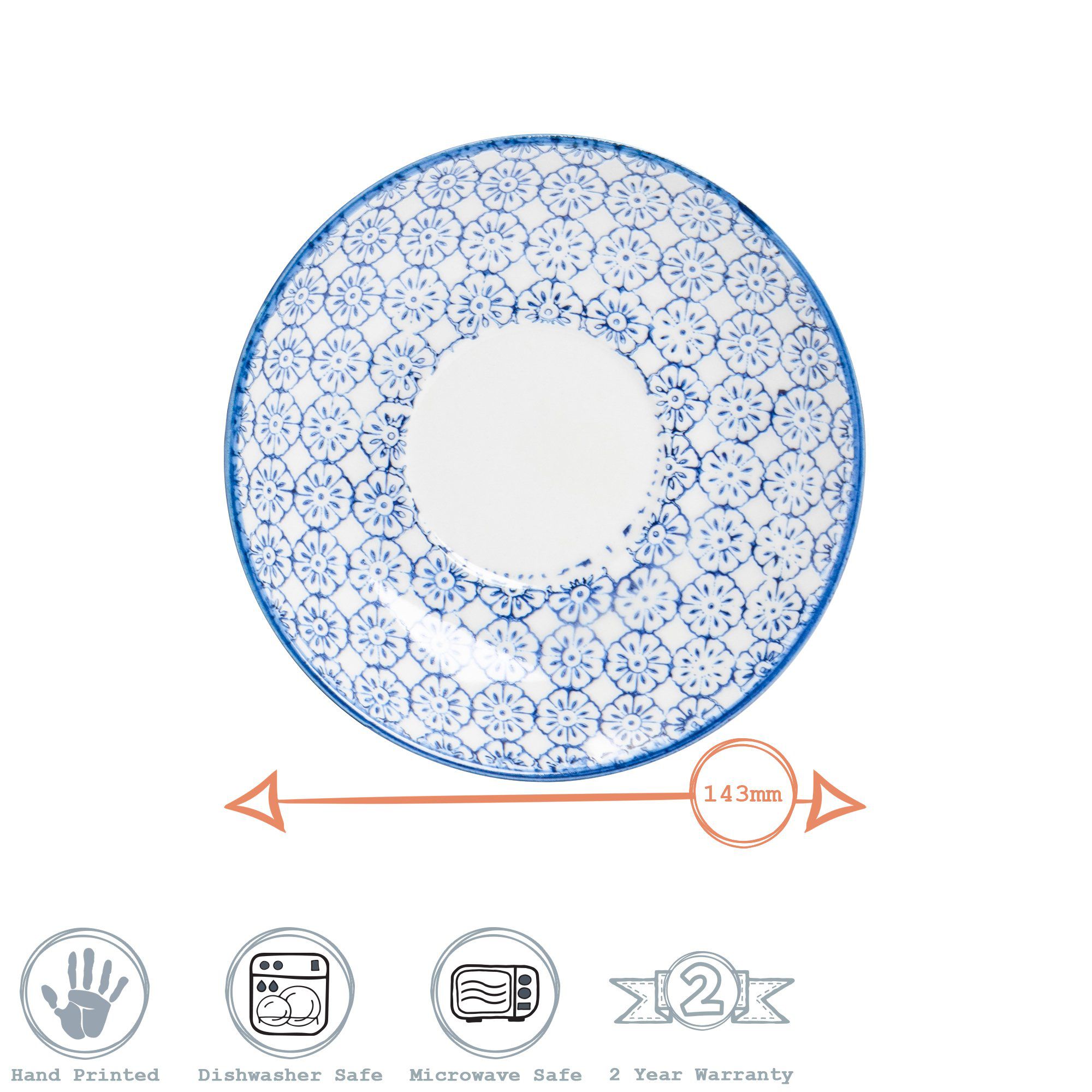 14.5cm Navy Hand Printed Stoneware Cappuccino Saucers - Pack of Six