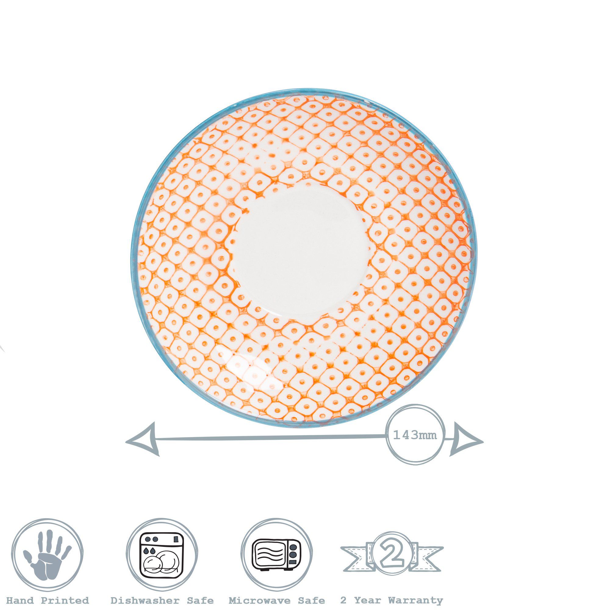 14.5cm Orange Hand Printed Stoneware Cappuccino Saucers - Pack of Six