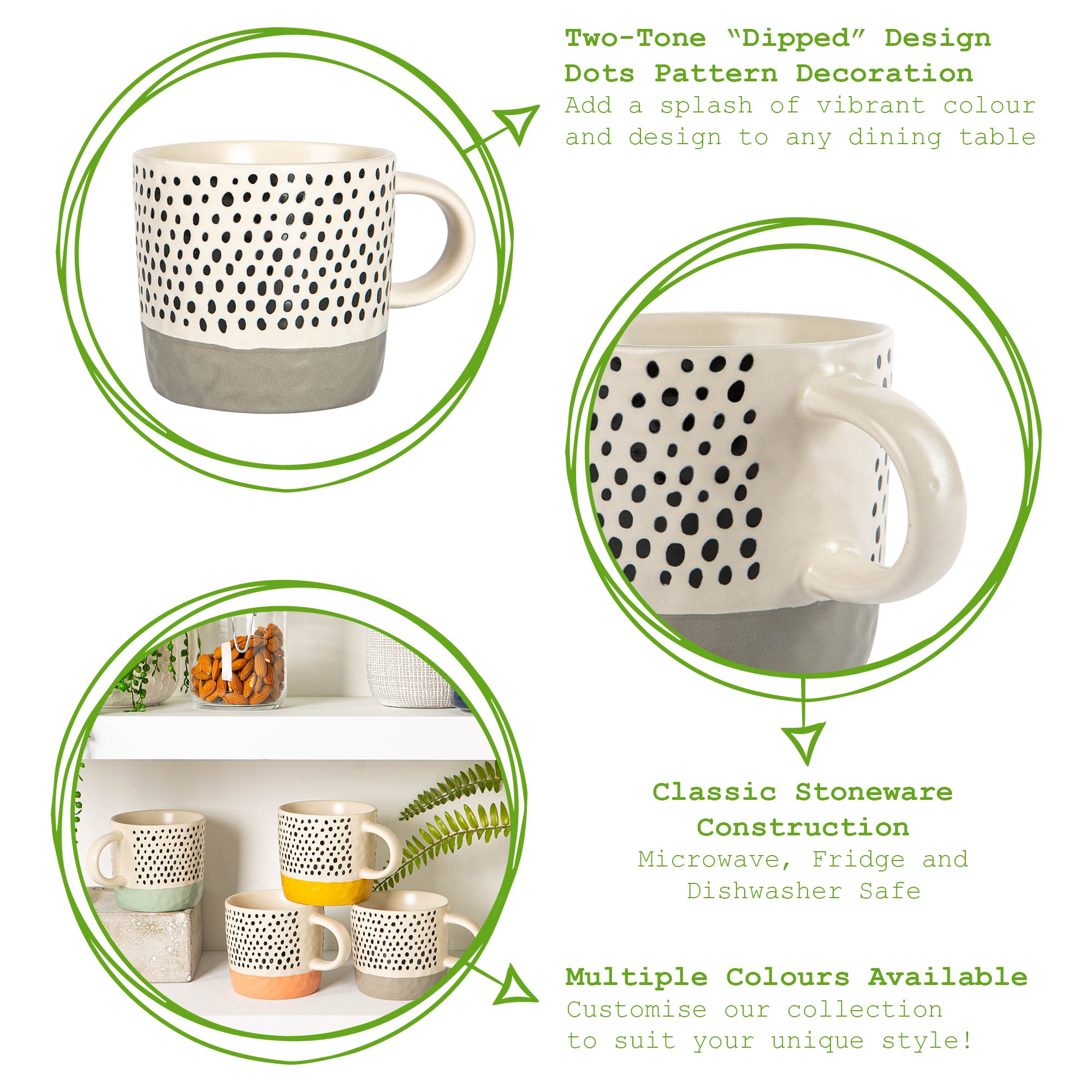 385ml Colour Block Spot Portuguese Stoneware Coffee Mugs - 4 Colours