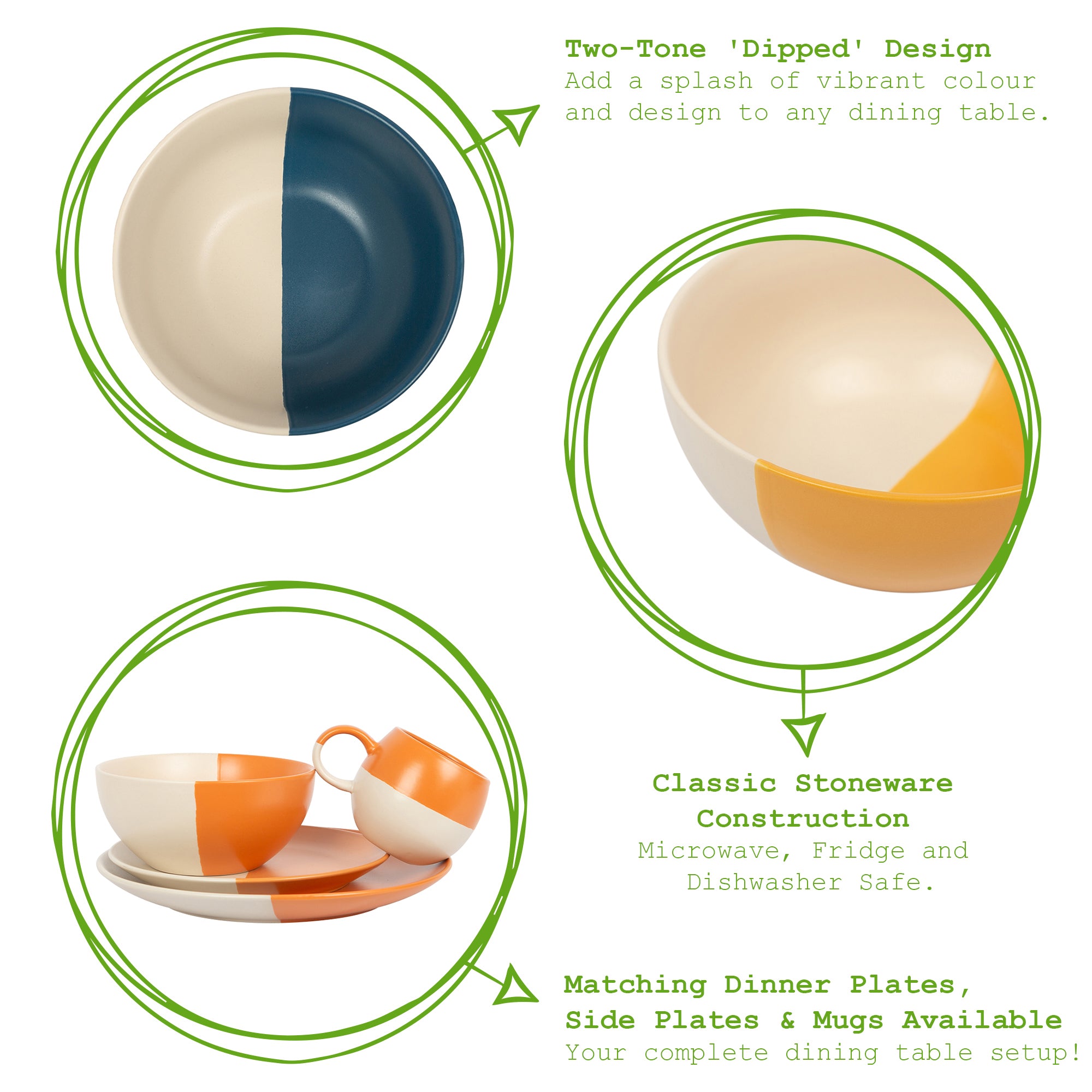 16.5cm Colour Block Stoneware Cereal Bowls - Pack of 4