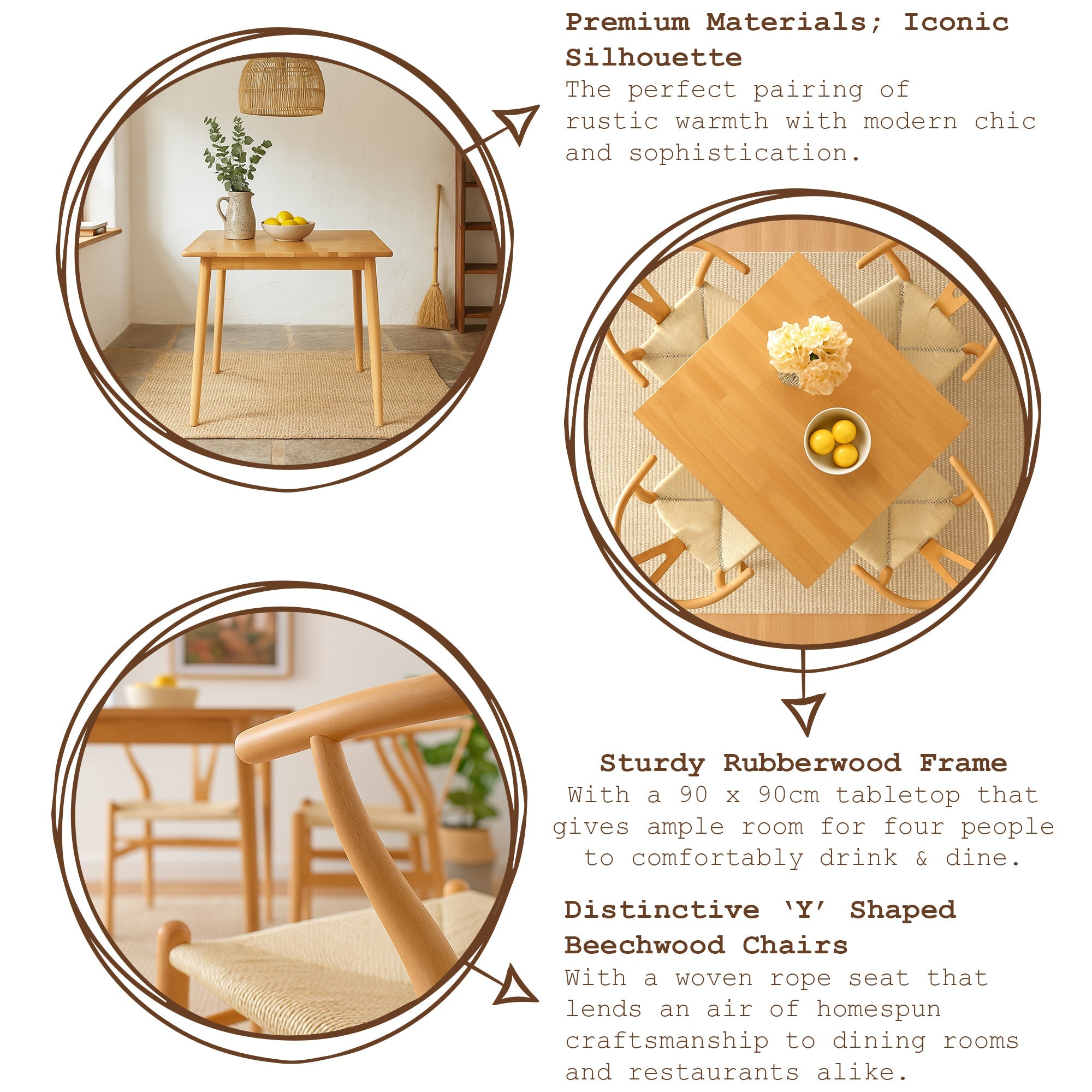 5pc 90cm Square Beige Wooden Table & Black Wishbone Chair Dining Set