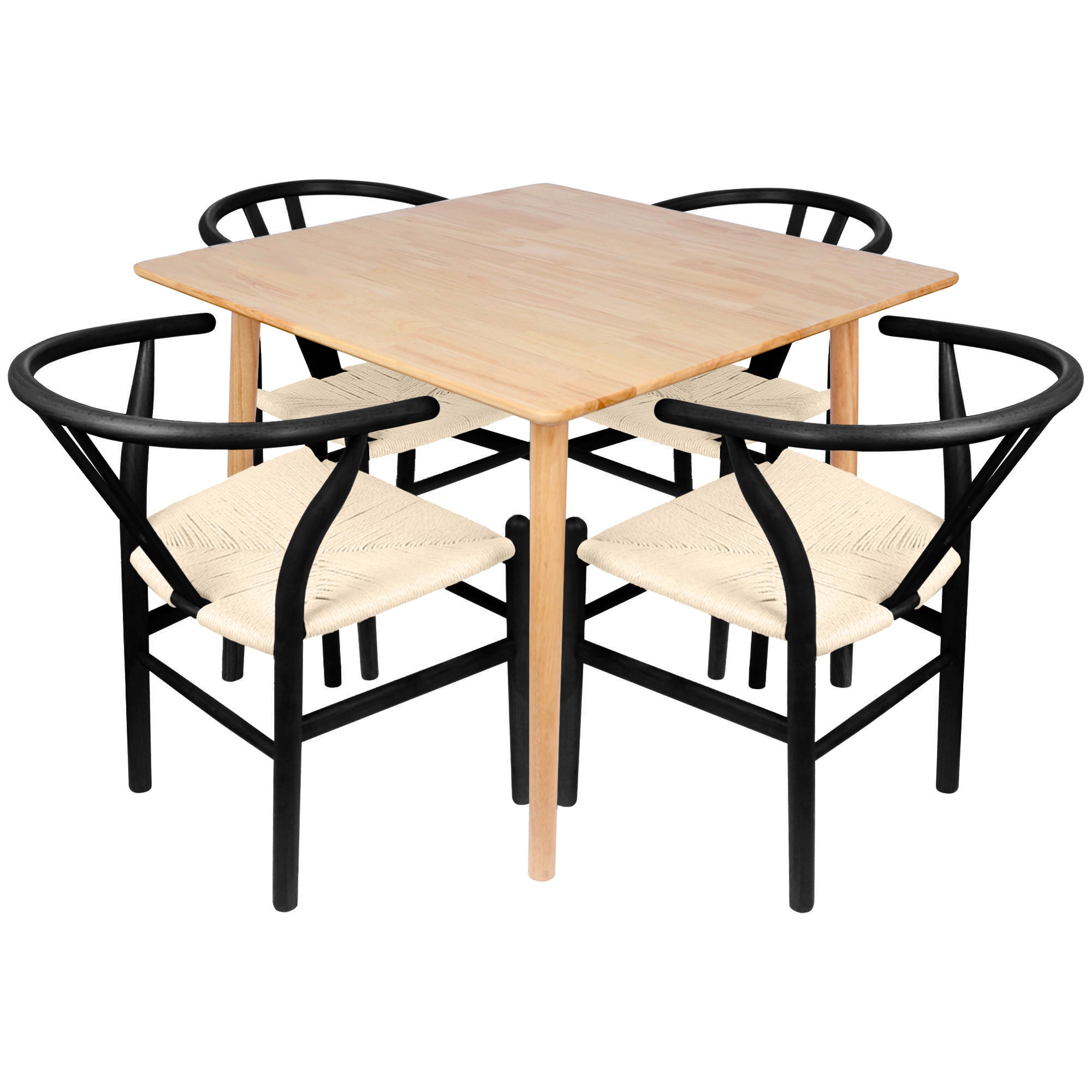 5pc 90cm Square Beige Wooden Table & Black Wishbone Chair Dining Set